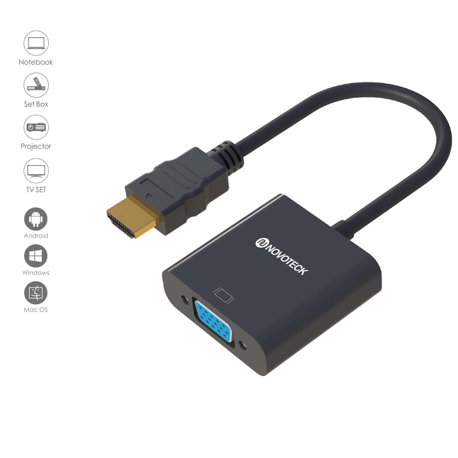 Cable adaptador HDMI a VGA negro con conector dorado y logotipo Novoteck. Puerto VGA azul.
