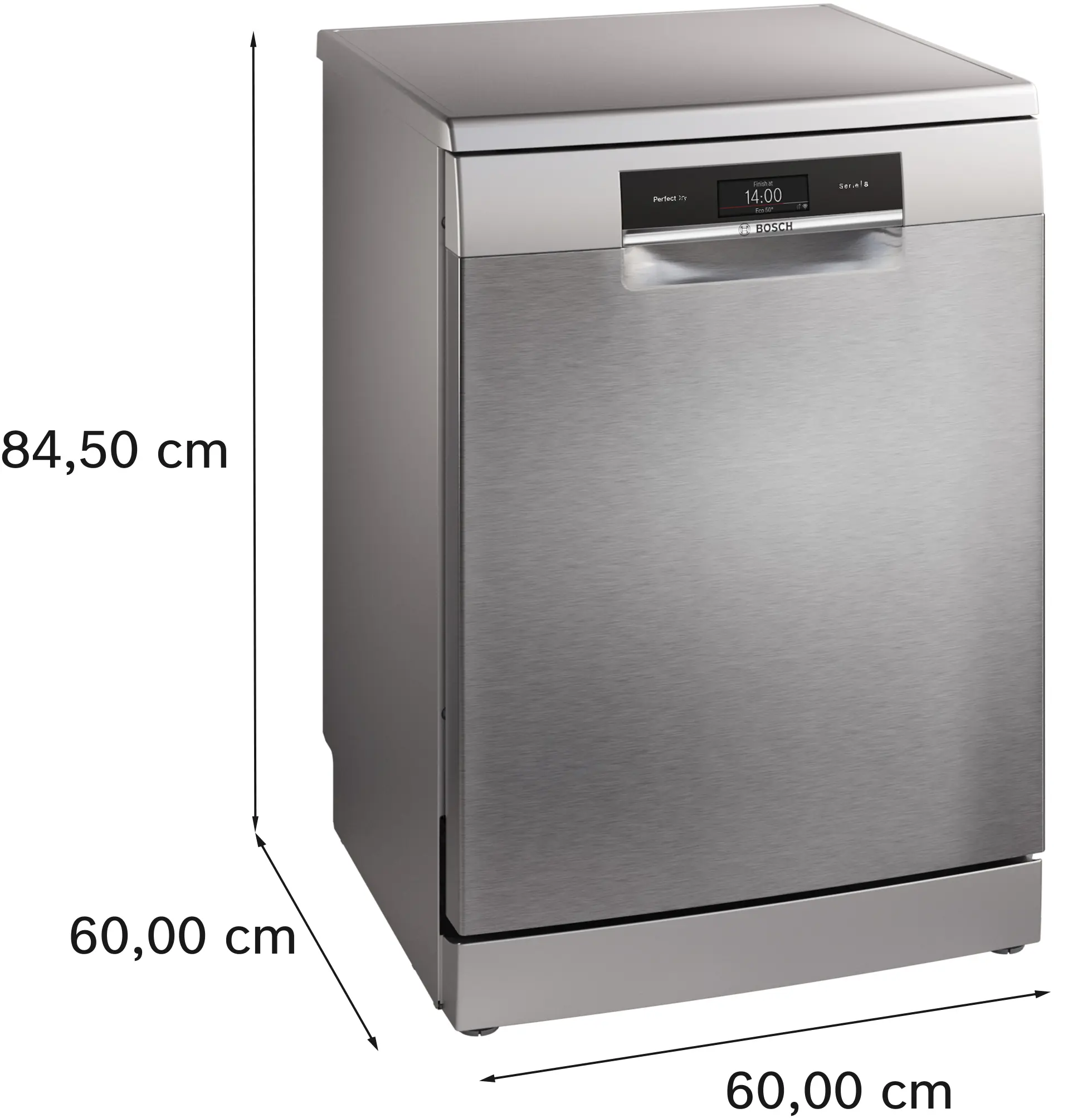 Ein Edelstahl-Geschirrspüler von Bosch. Abmessungen: 84,50 cm hoch, 60,00 cm breit und 60,00 cm tief.