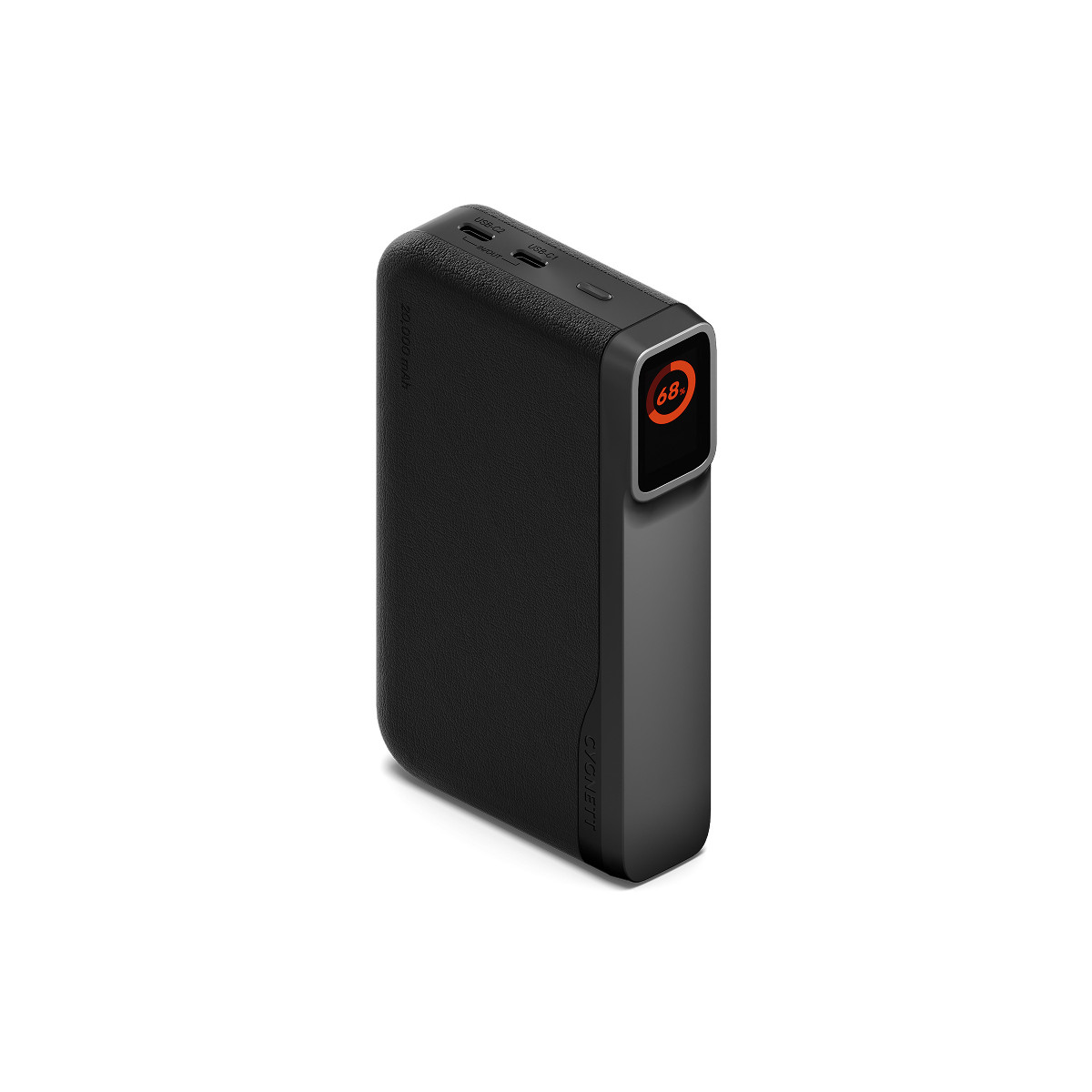 Eine schwarze Powerbank mit digitaler Anzeige von 68 %. Sie hat USB-Anschlüsse und eine strukturierte Oberfläche. Weißer Hintergrund.