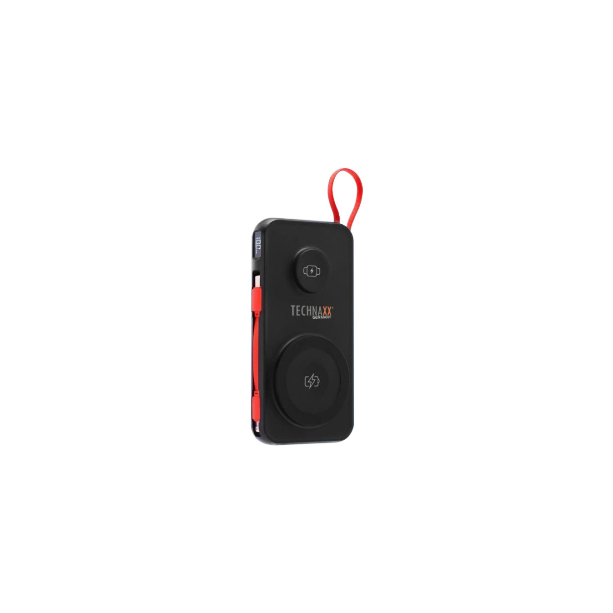 Eine schwarze Technaxx Powerbank mit rotem Ladekabel und roter Schlaufe. Sie hat ein kabelloses Ladepad und eine digitale Anzeige.