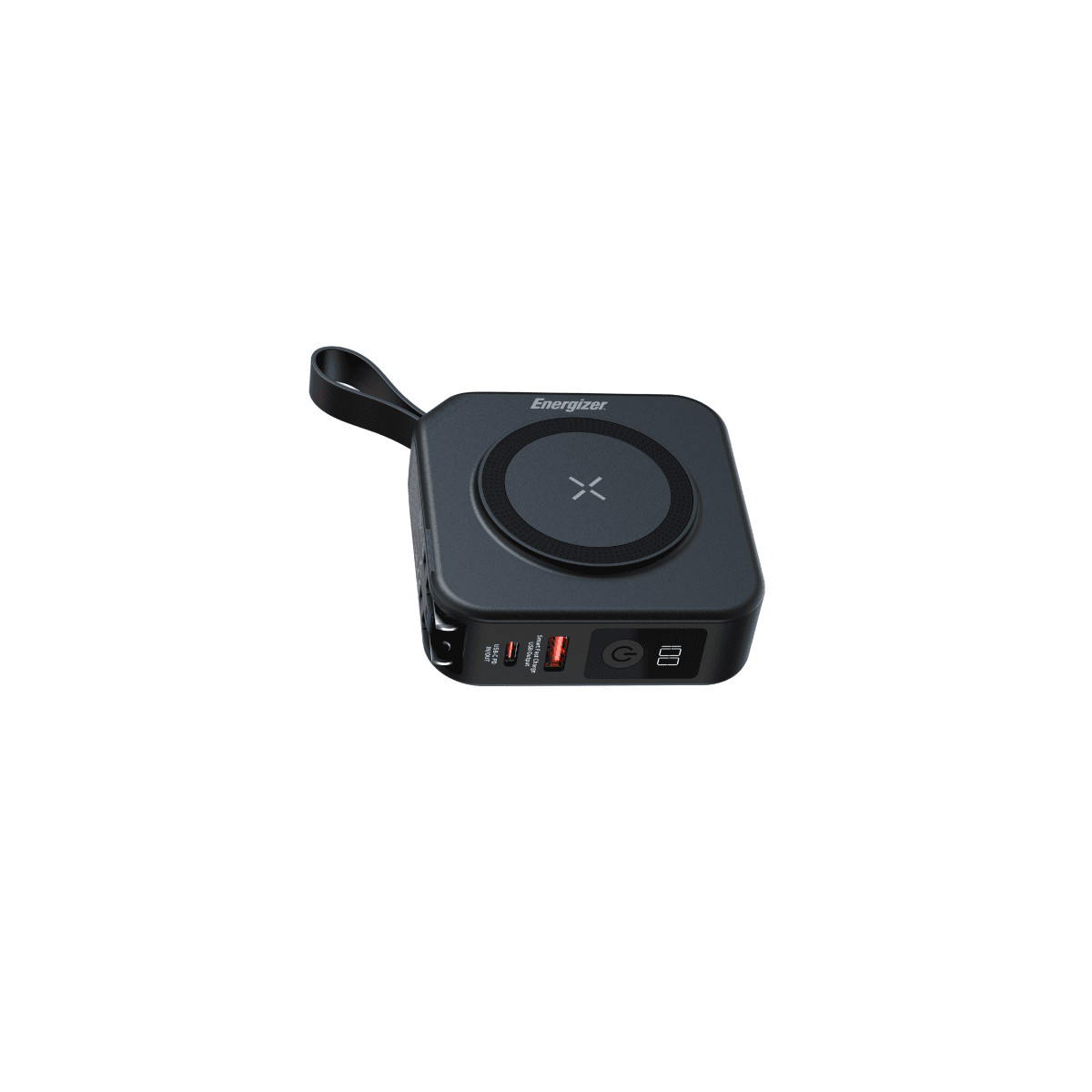 Un caricatore wireless Energizer nero con manico. Ha un pad di ricarica, porte USB e un pulsante di accensione, isolato sul bianco.