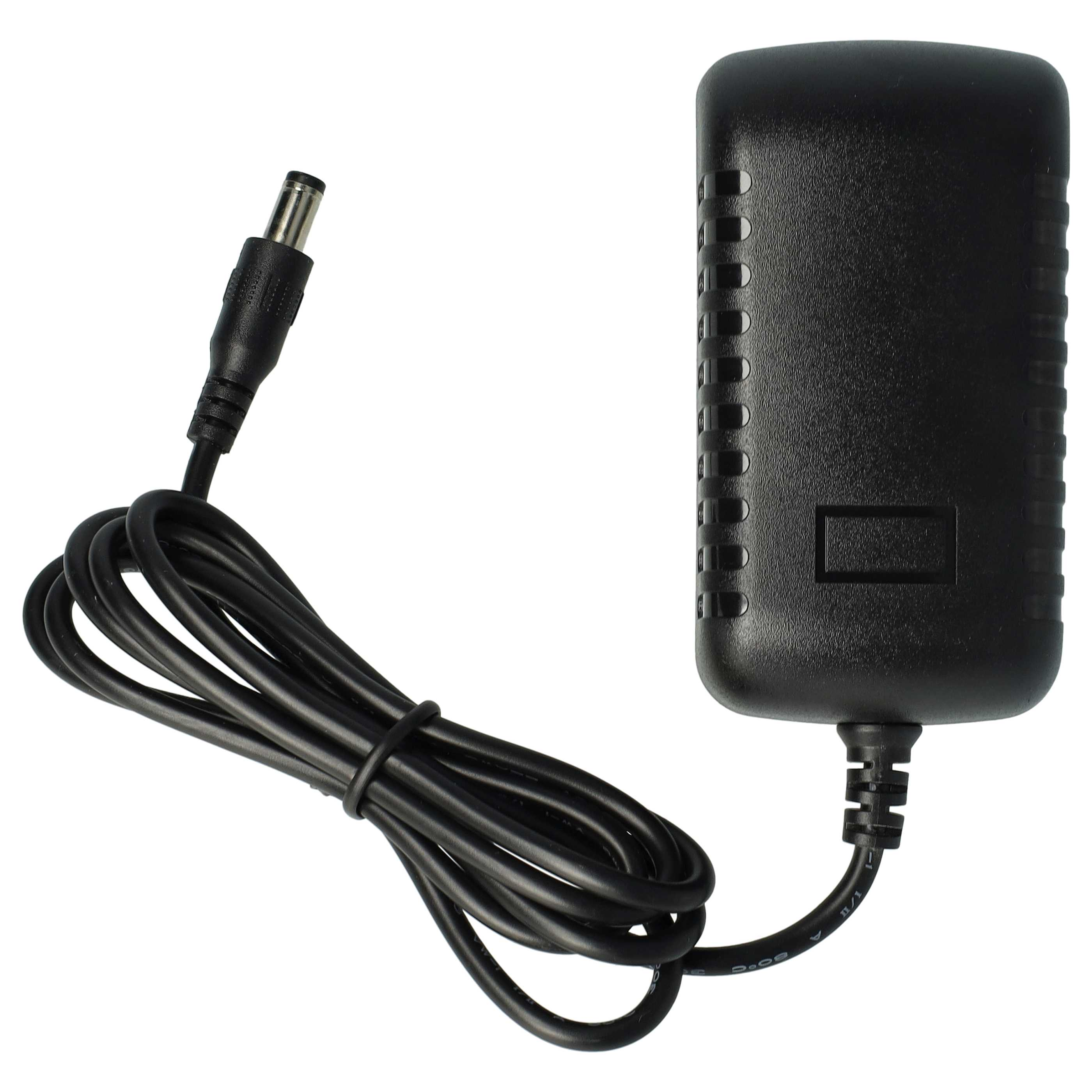 Ein schwarzes Netzteil mit schwarzem Kabel und Stecker auf weißem Hintergrund.