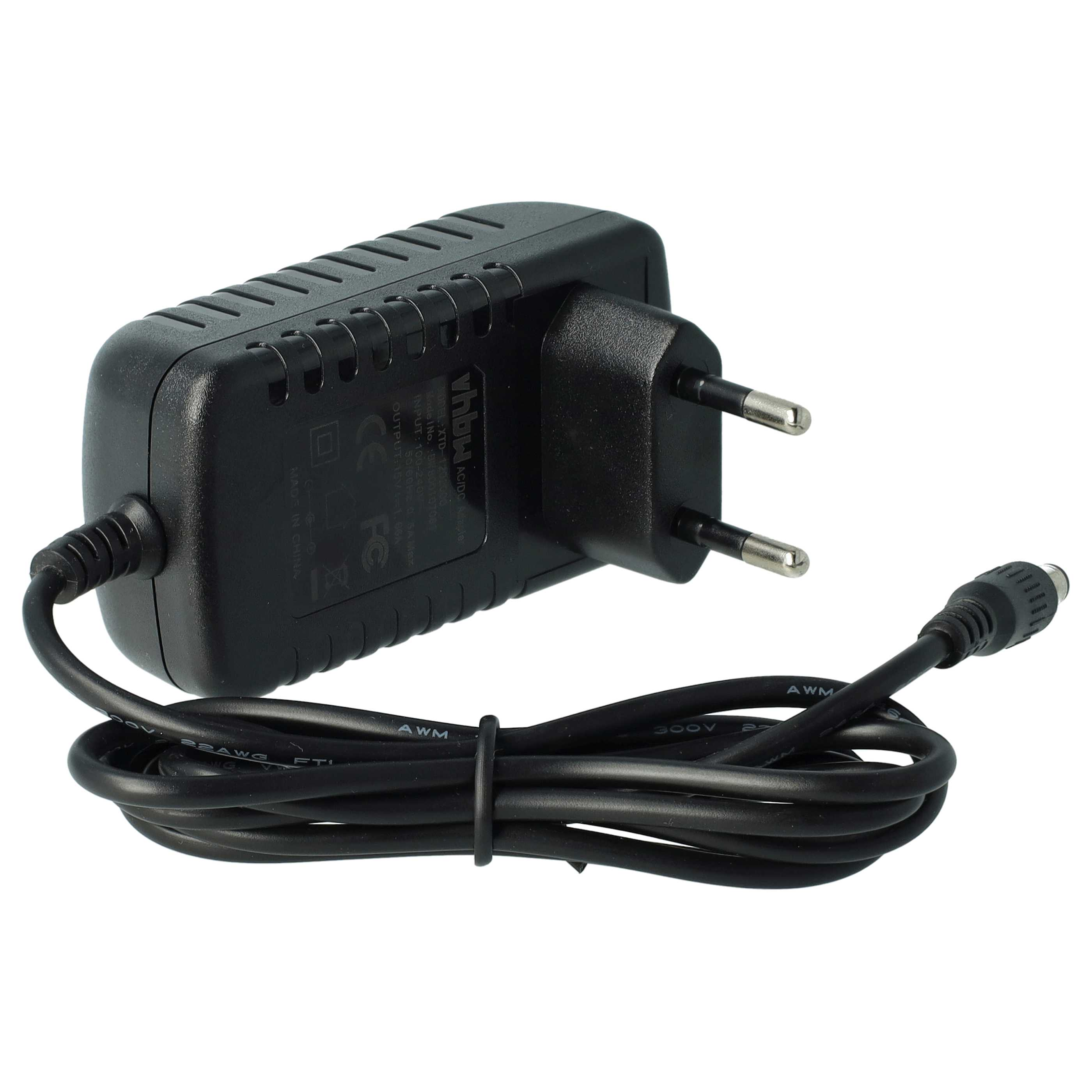 Ein schwarzes AC/DC-Netzteil mit Stecker und Kabel. Es befindet sich auf weißem Hintergrund. Das Kabel ist aufgerollt.