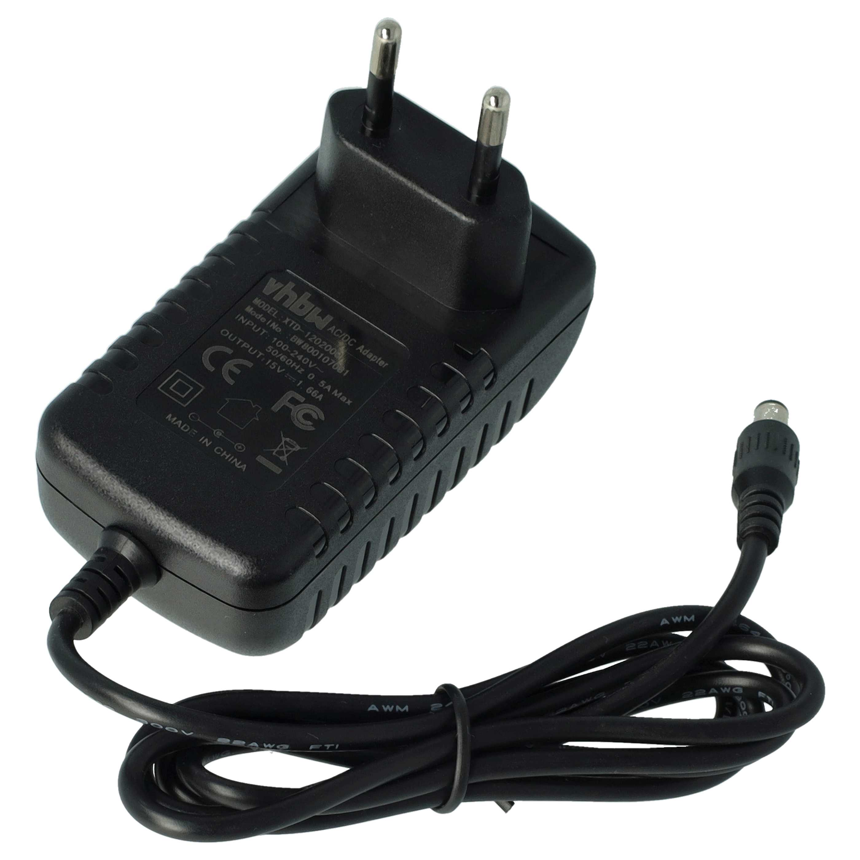 Ein schwarzer AC/DC-Adapter mit Netzstecker und Kabel. Er hat Text und ein schwarzes Kabel.