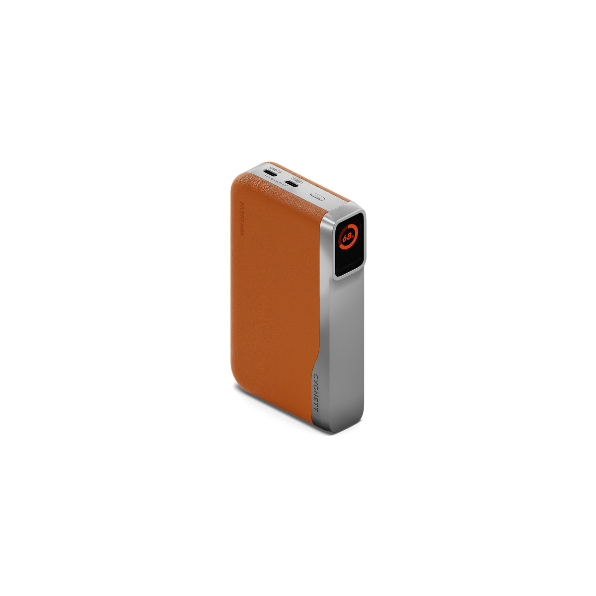 Un power bank marrone e argento. Il power bank ha una texture in pelle su un lato e un display digitale che mostra il 68% di carica.