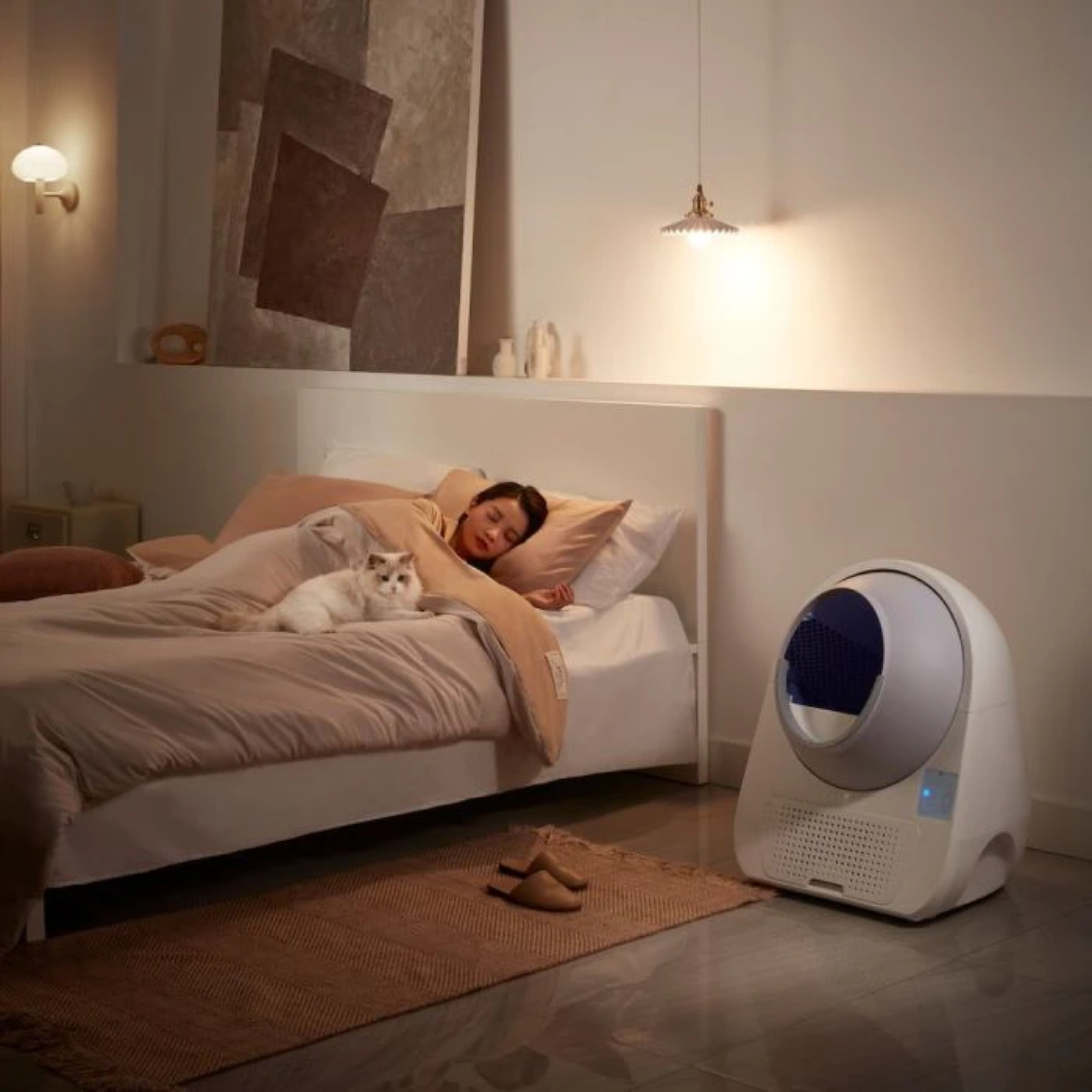 Eine Frau schläft im Bett mit einer Katze. Rechts steht eine weiße, automatische Katzentoilette. Hausschuhe auf einem Teppich.