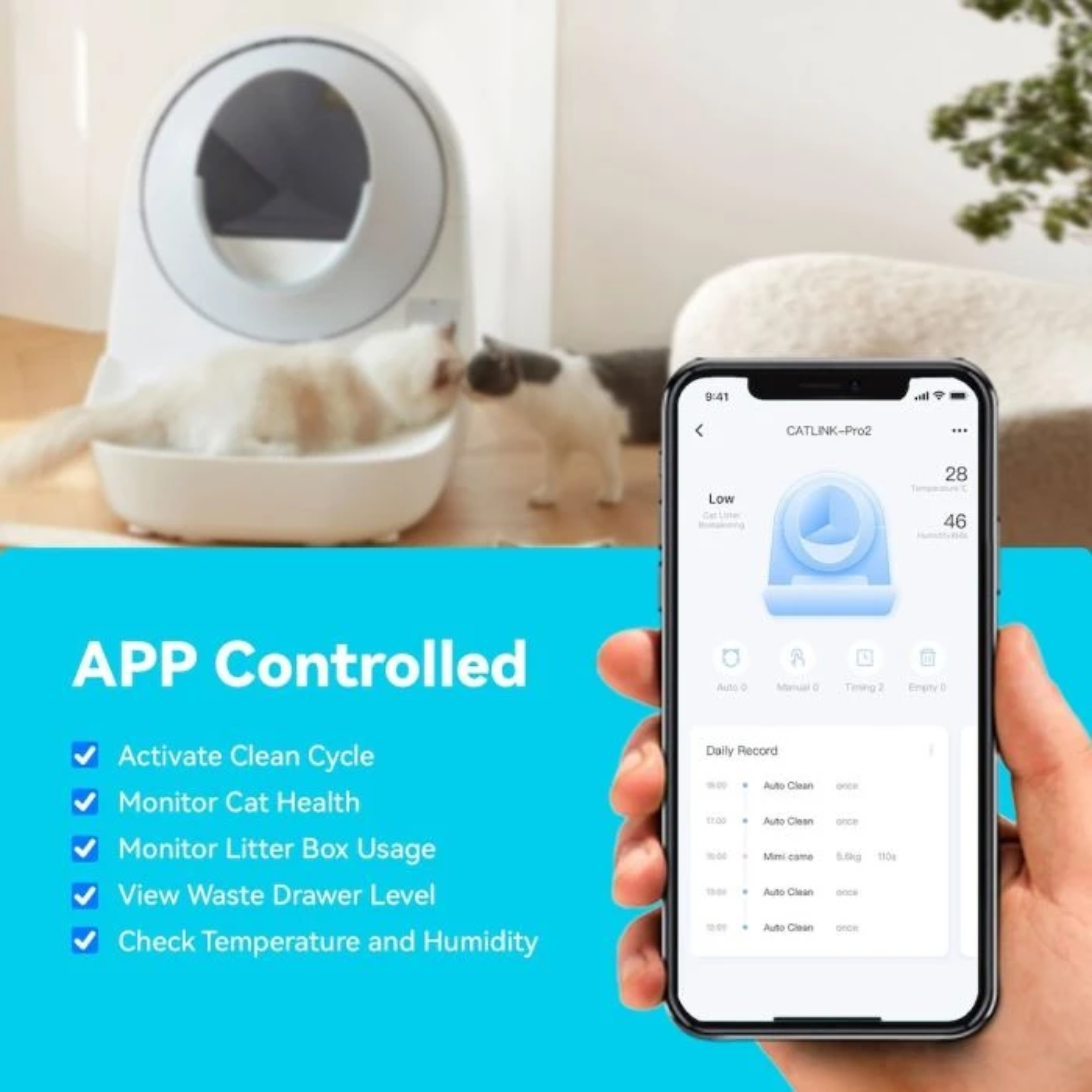 Eine Katzentoilette mit zwei Katzen, ein Telefon mit App-Steuerung und eine Liste von Funktionen.
