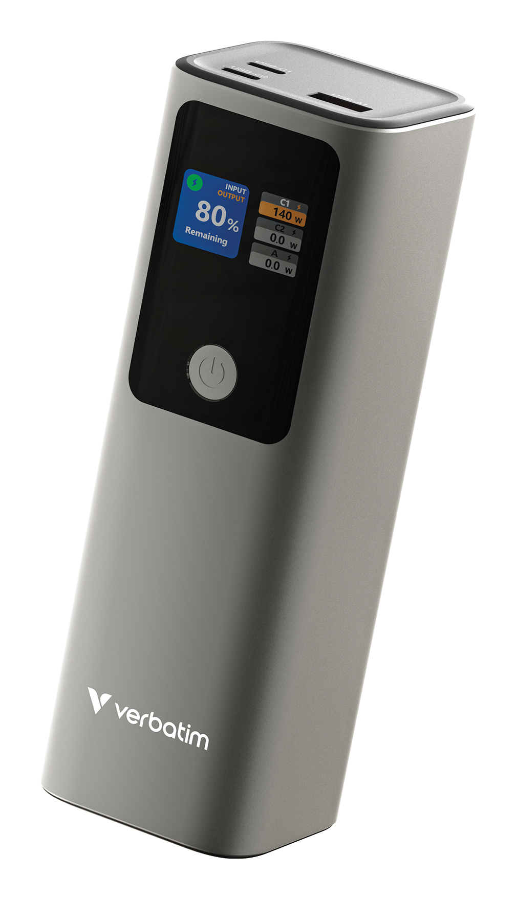 Zilveren powerbank met scherm dat 80% resterend weergeeft. Inclusief oplaadpoorten en een Verbatim-logo.