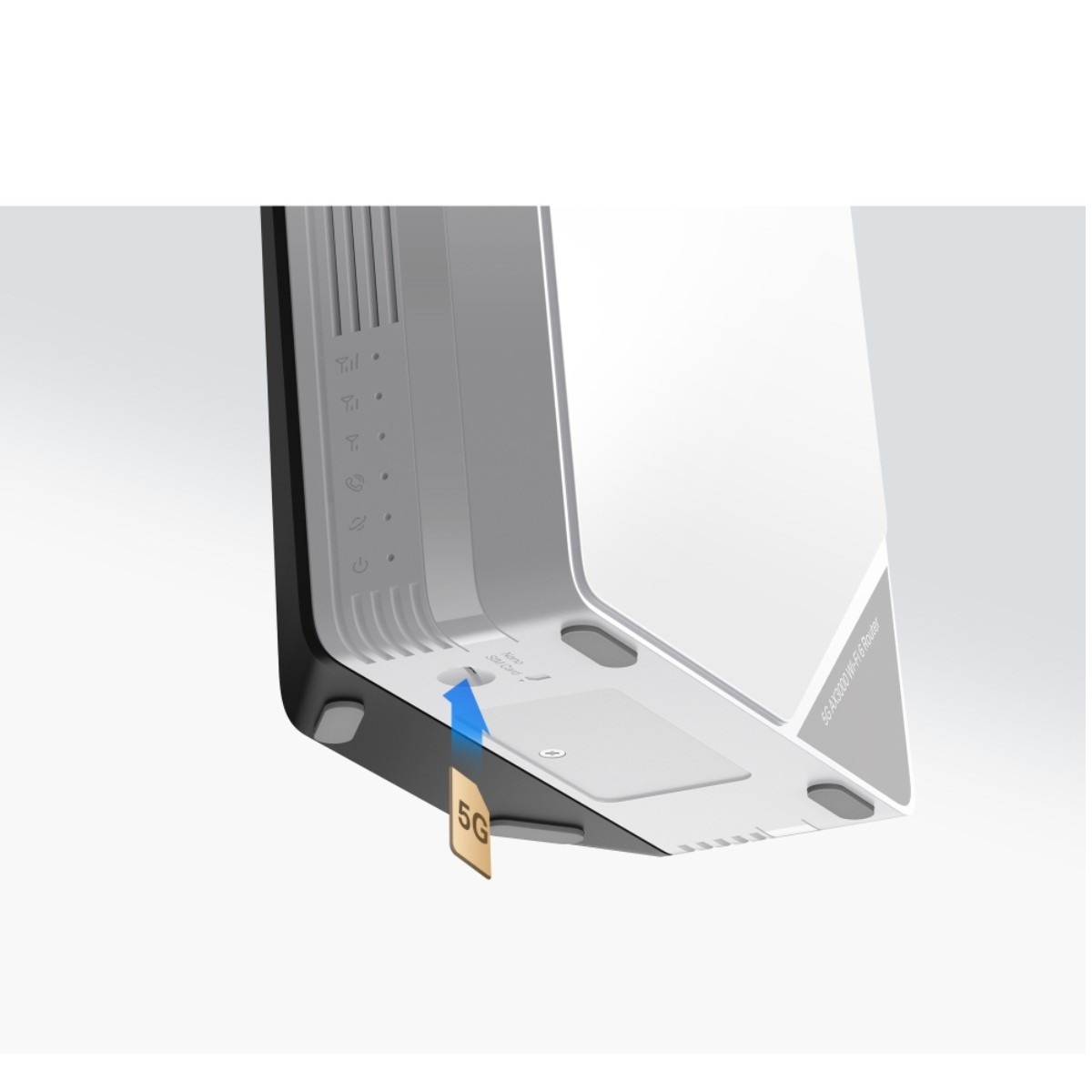 Ein weißer und schwarzer Router mit einem 5G-SIM-Kartensteckplatz. Ein Pfeil zeigt das Einsetzen der SIM-Karte an. Der Router hat Status-LEDs.