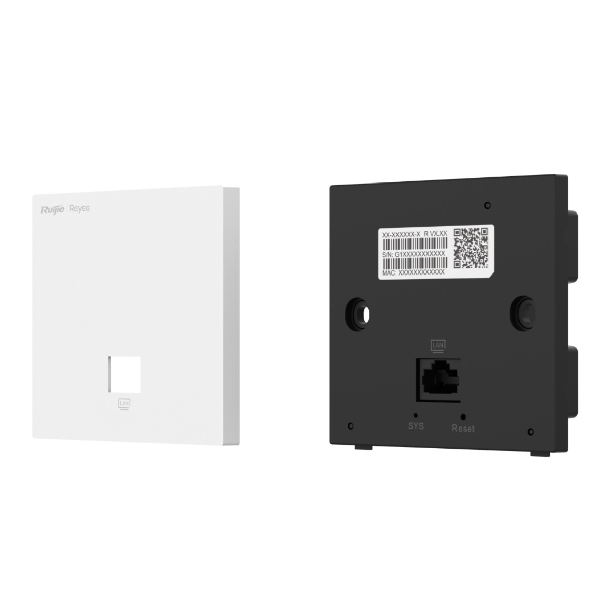Dos dispositivos de red. Dispositivo cuadrado blanco con puerto LAN, dispositivo negro con puertos, código QR y etiquetas.