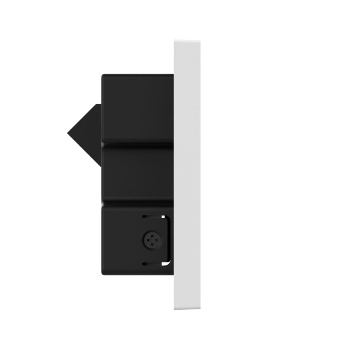 Primer plano de un interruptor negro y un marco blanco, con fondo blanco.