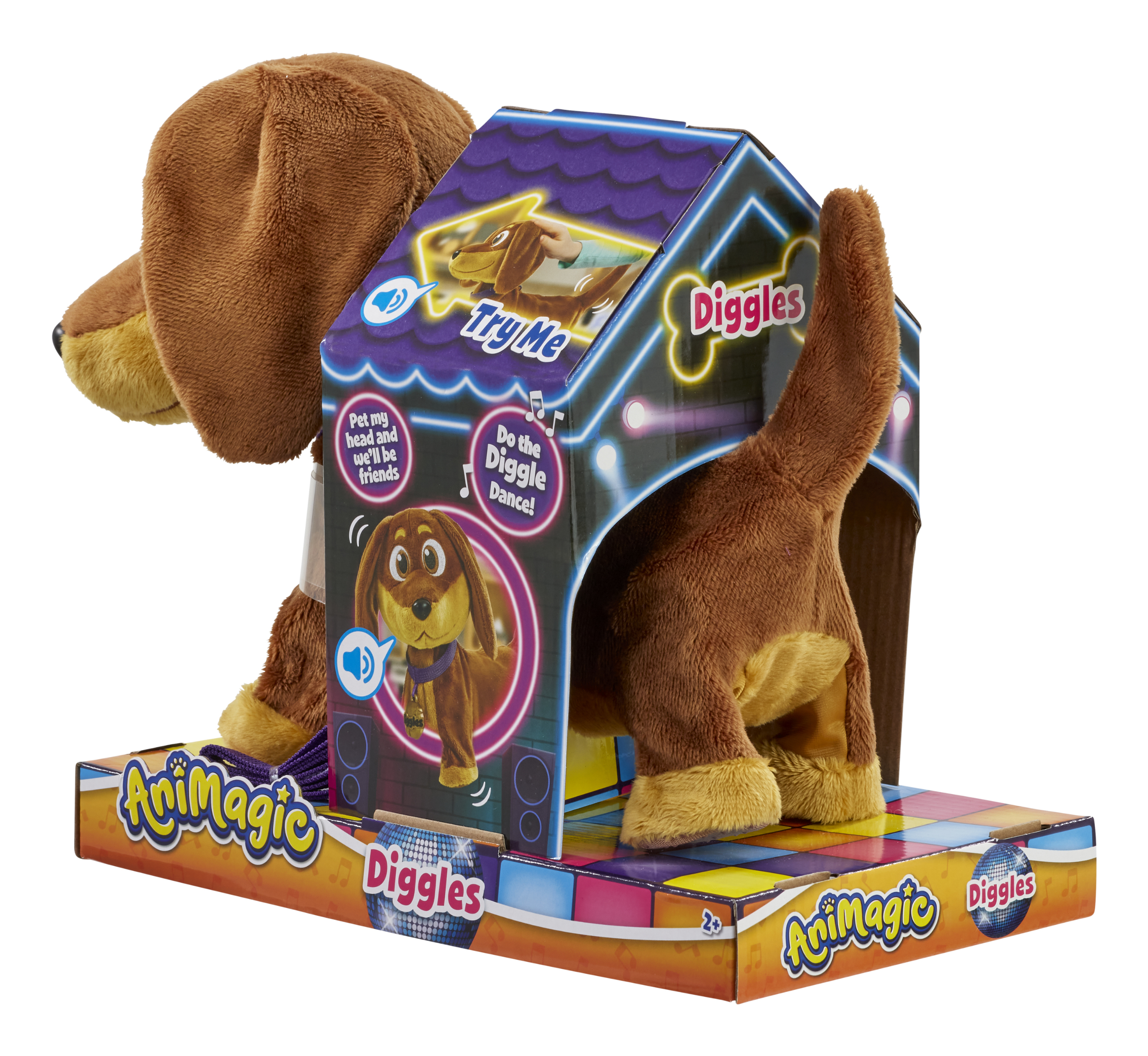 Un giocattolo a forma di cane marrone in una scatola a forma di casa con 'Diggles' e 'Animagic'.