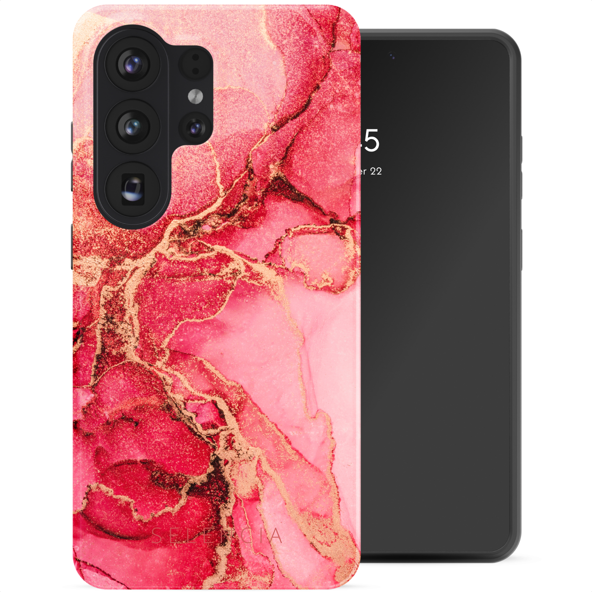 Un smartphone avec une coque à motif marbré dans les tons rose et or, à côté d'un smartphone noir.