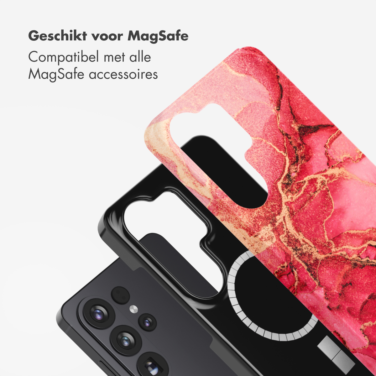 Un téléphone avec un étui à motifs rouge et or, un étui noir et un corps de téléphone sont superposés. Le texte en haut se lit 'Convient à MagSafe'.
