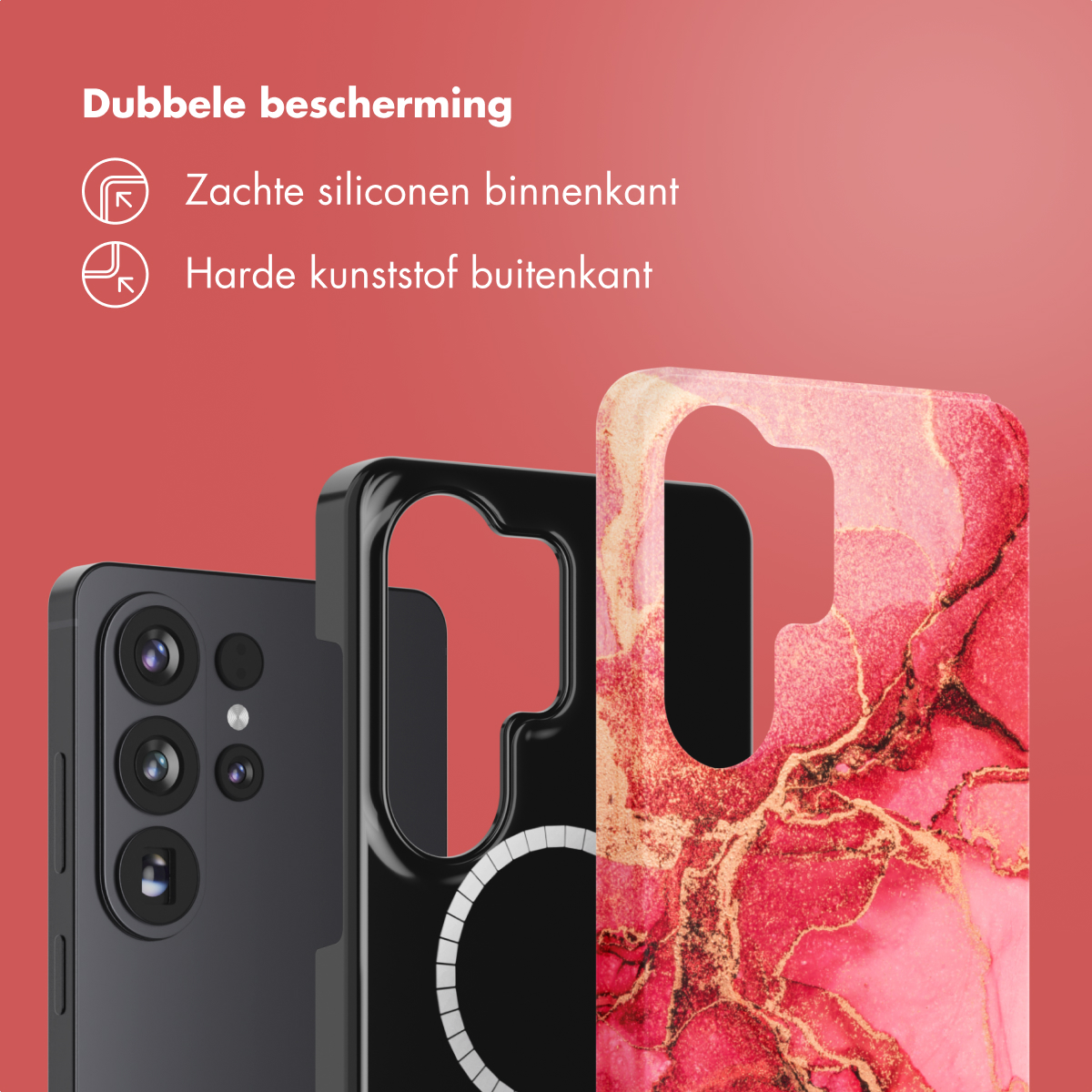 L'image montre un téléphone avec des étuis de protection. Les étuis sont noirs et rouges avec des motifs dorés. Le texte dit 'Double protection'.