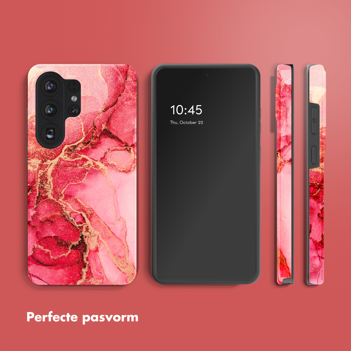 Téléphone avec design marbre rose et or, coque et vues latérales sur fond rouge. Le téléphone affiche l'heure 10h45.