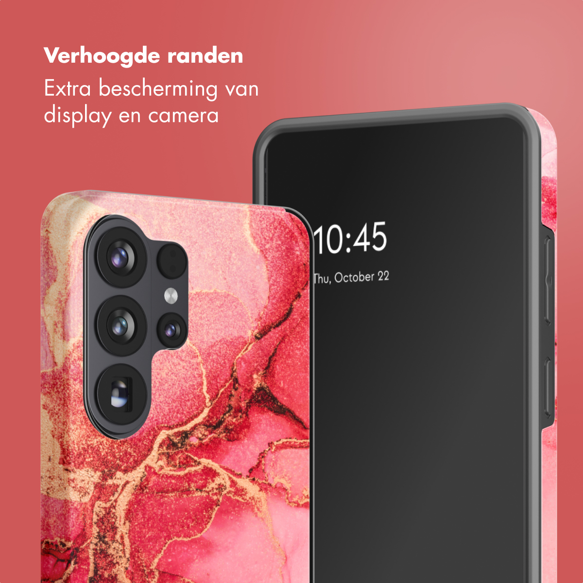 Deux téléphones, l'un avec une coque à motifs rouges et dorés, l'autre avec un écran noir affichant 10h45, jeudi 22 octobre.