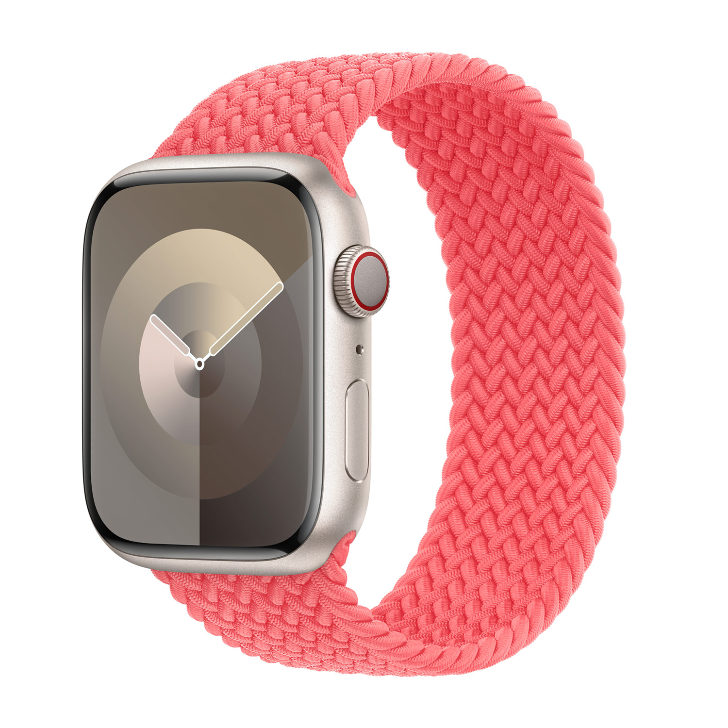 Een Apple Watch met een koraalroze gevlochten solo loop. De wijzerplaat toont een klok. De achtergrond is wit.