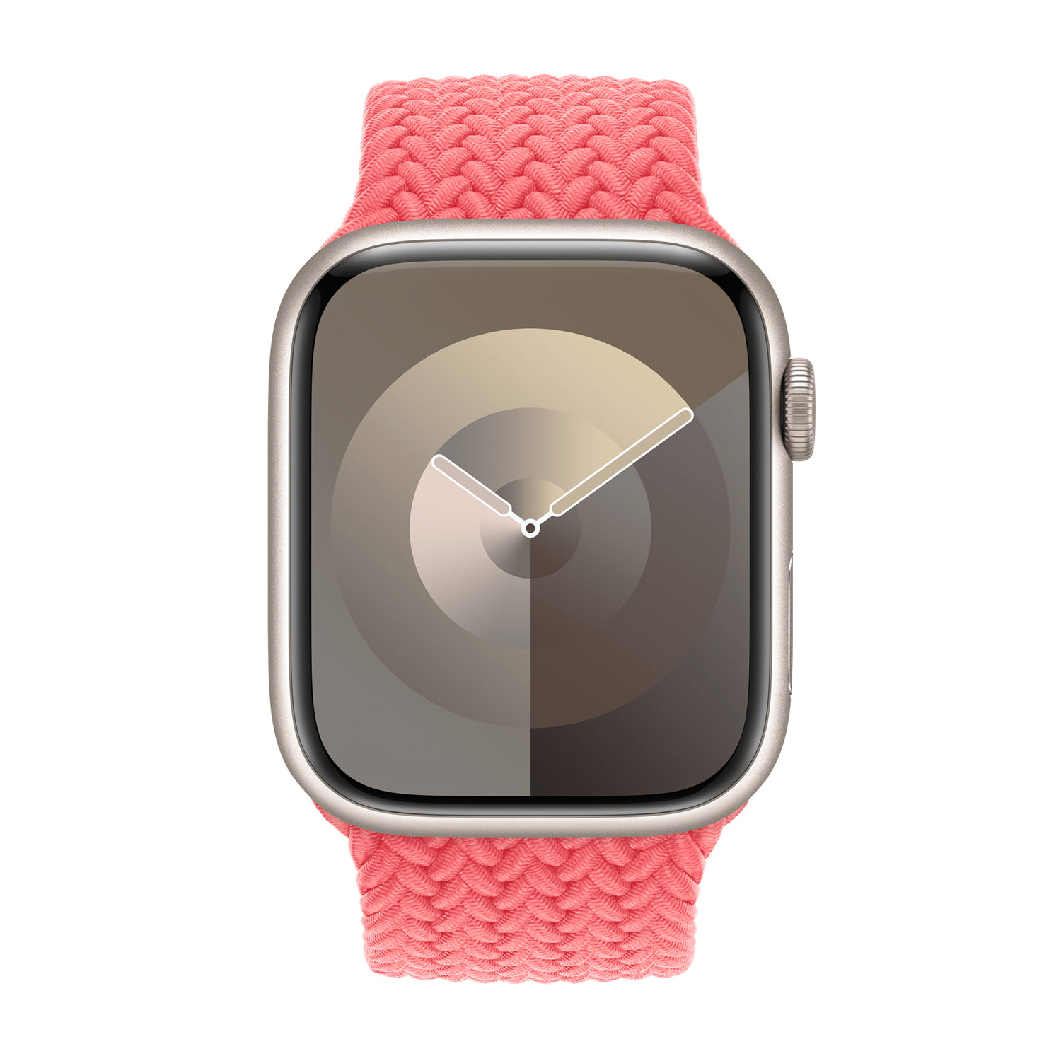 Apple Watch met koraal gevlochten solo loop. De wijzerplaat toont een klok. De achtergrond is wit.