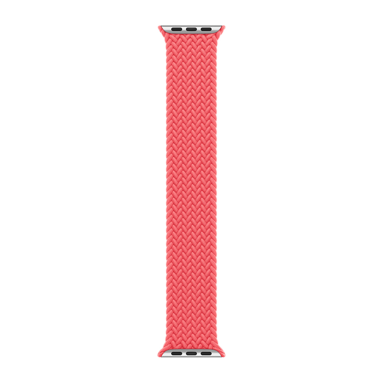 Een gevlochten, koraalkleurige Apple Watch band ligt gecentreerd tegen een witte achtergrond. De uiteinden zijn zilver met zwarte details.