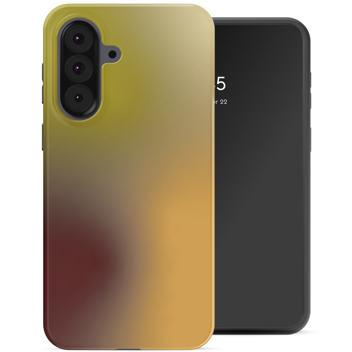 Un smartphone avec une coque dégradée. La coque a une caméra. L'écran affiche l'heure et la date.