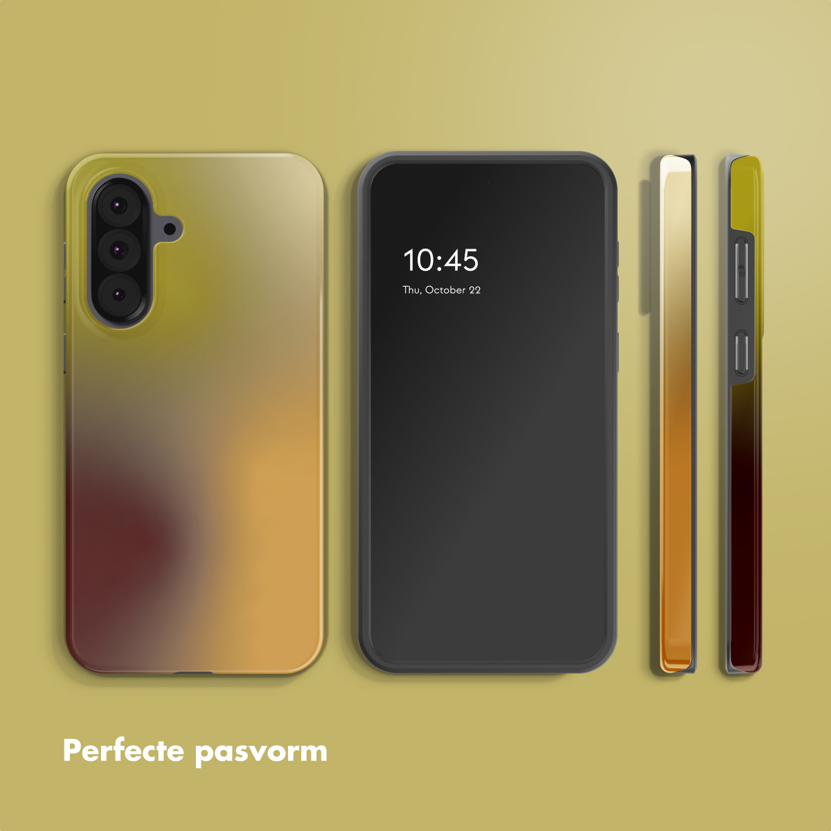 Un téléphone et son étui sont affichés avec des vues latérales. L'étui présente un dégradé de jaune, orange et rouge.
