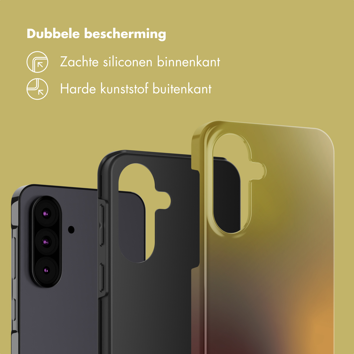 Trois coques de téléphone : noir, noir et dégradé jaune-rouge. Texte : Double protection, silicone souple à l'intérieur, plastique dur à l'extérieur.