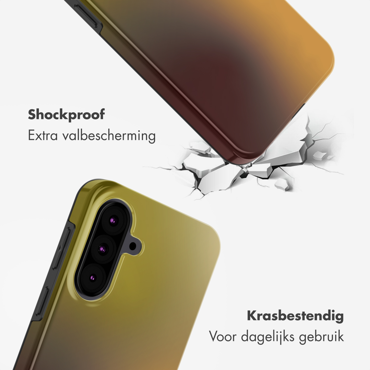 Un étui de téléphone est en train de tomber, montrant la fonction antichoc. Un téléphone en dessous, avec le texte : antichoc et résistant aux rayures.