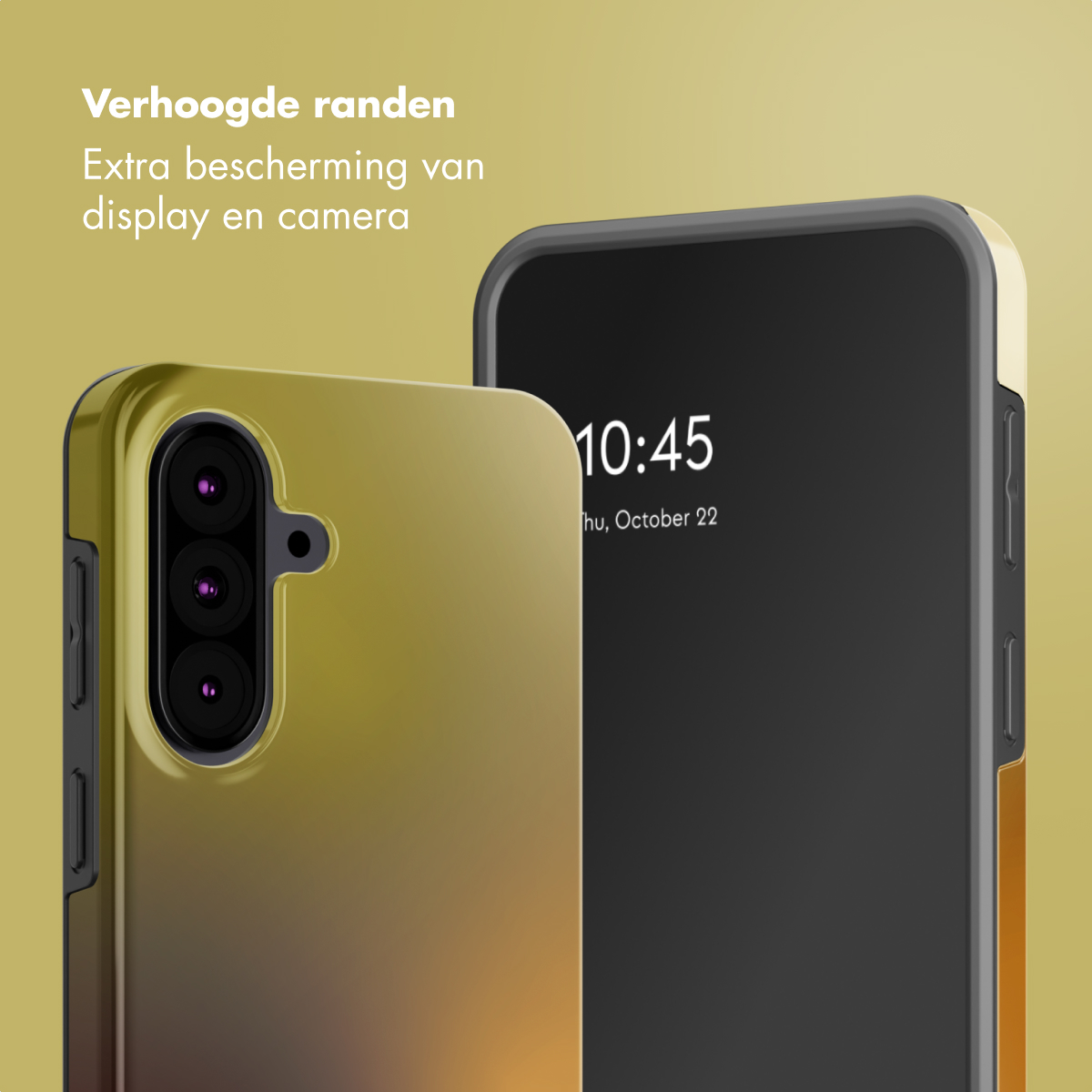 Deux smartphones avec étuis de protection. Un étui est doré avec une caméra, l'autre est noir avec l'heure sur l'écran.
