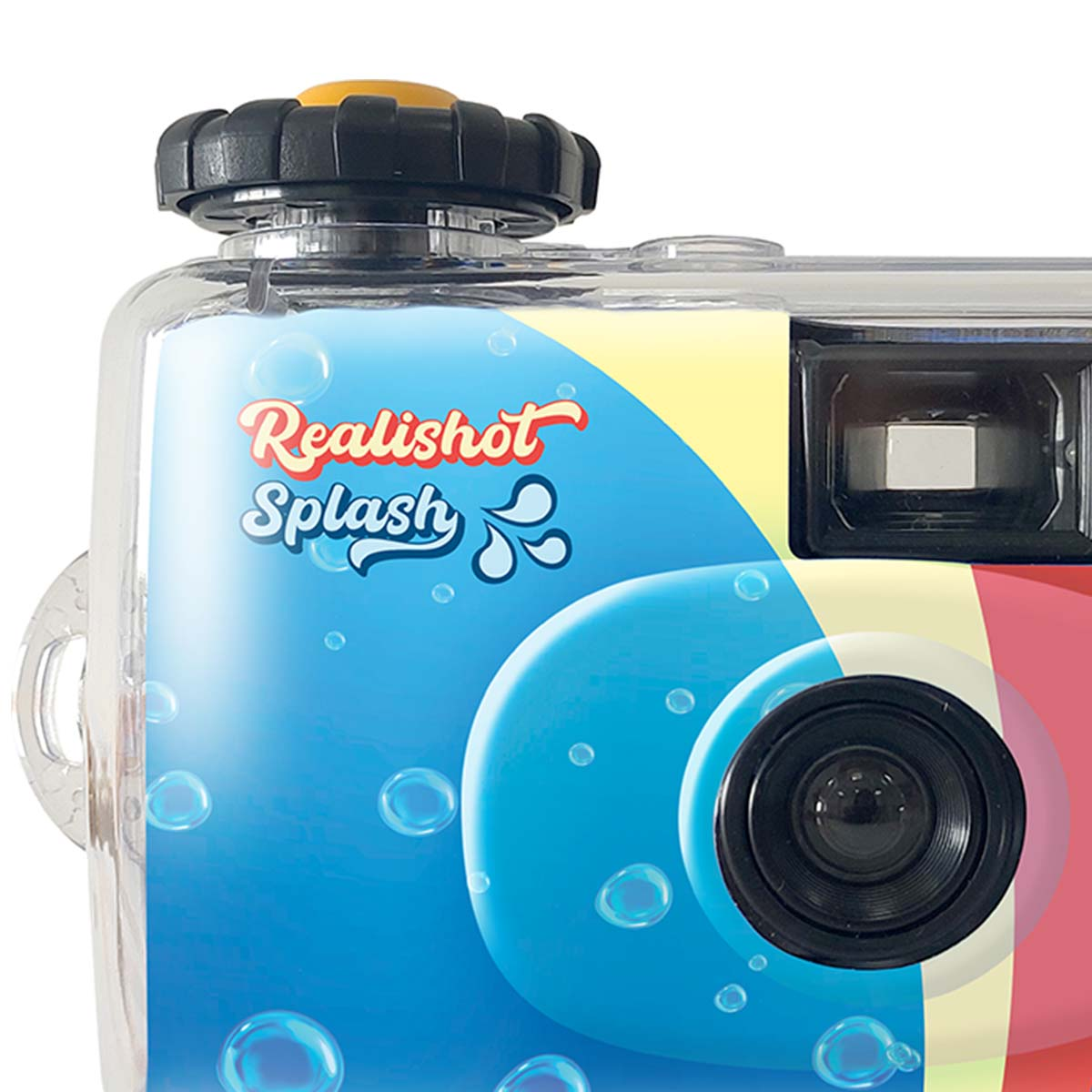 Nahaufnahme einer Realishot Splash Kamera. Sie hat ein schwarzes Objektiv, ein klares Kunststoffgehäuse und ein farbenfrohes Design.