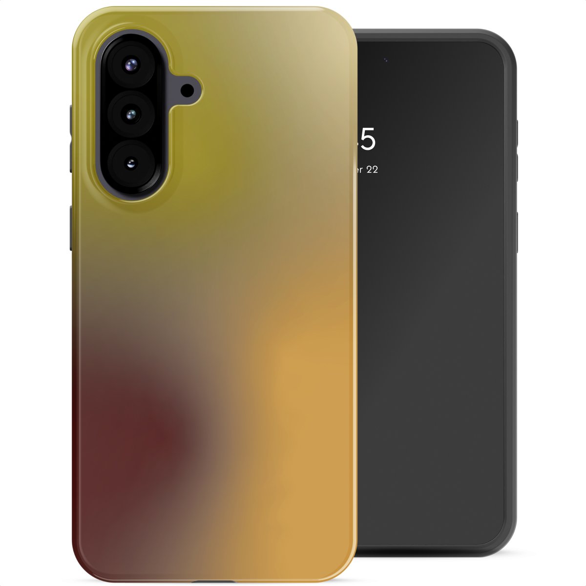 Een telefoon in een hoesje met verloop. De hoes gaat van groen naar goud en rood. Het telefoonscherm is zwart met tijd weergegeven.