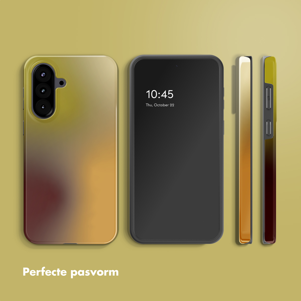 Een telefoon en de hoes worden getoond. De telefoon is zwart met een scherm dat de tijd weergeeft. De hoes heeft een kleurengradiënt.
