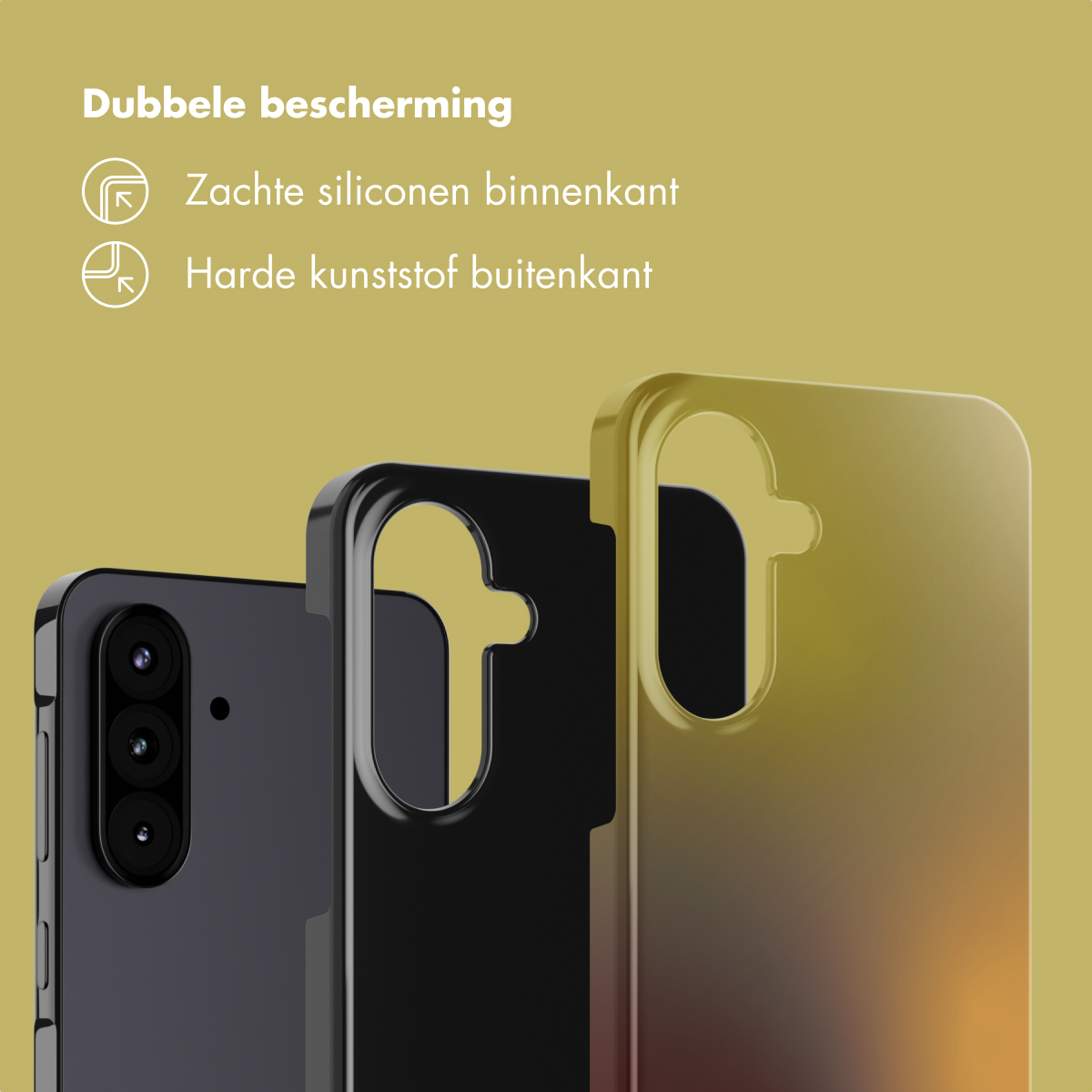 Drie telefoonhoesjes: zwart, transparant en verloop. Tekst erboven: 'Dubbele bescherming' met details.