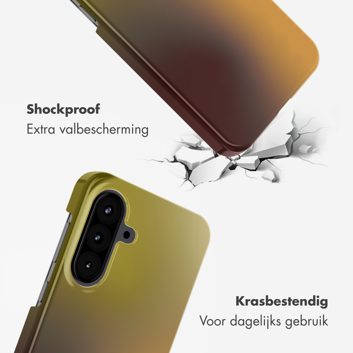 Telefoonhoesje met verloopkleuren, lijkt te vallen en de grond te kraken. Tekst zegt schokbestendig en krasbestendig.