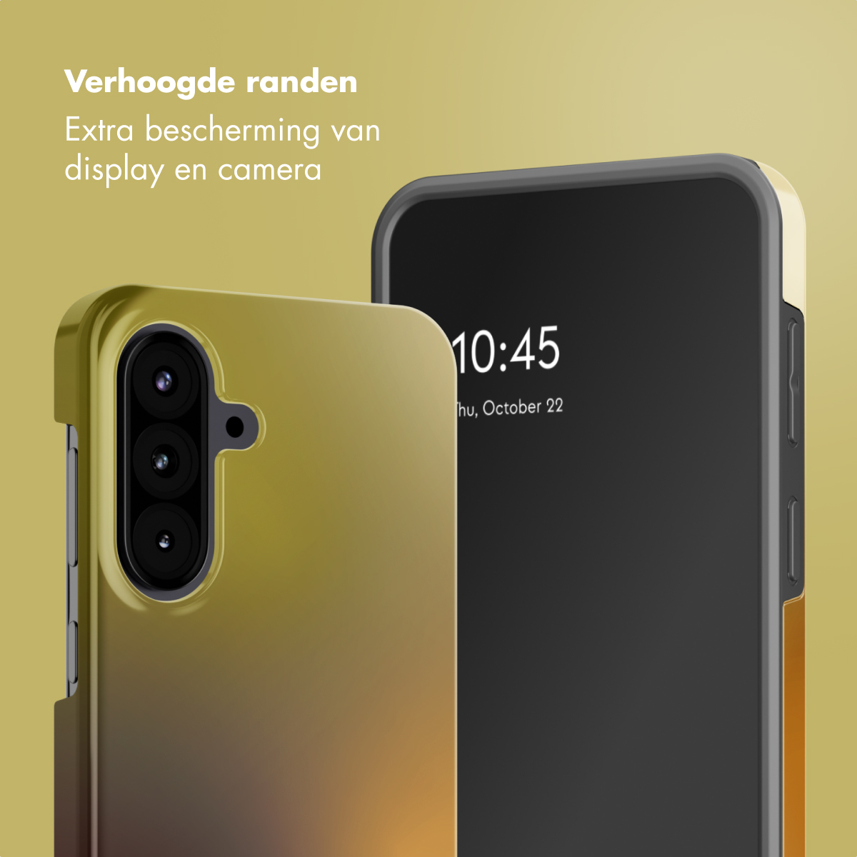 Twee telefoons in hoesjes, één met de camera zichtbaar. Het scherm toont 10:45 en de datum. Tekst: 'Extra bescherming'.