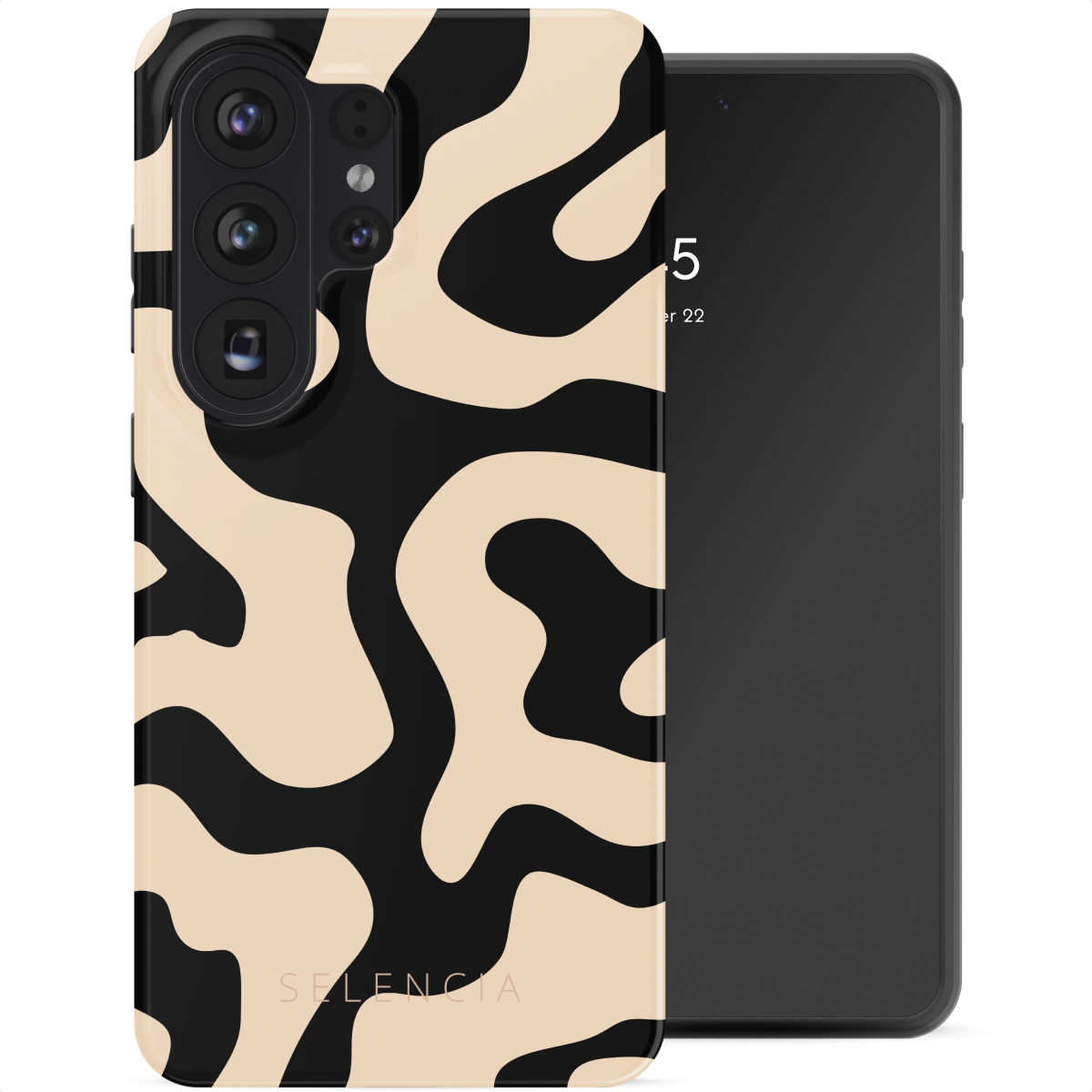 Un téléphone avec un étui à motifs, des formes organiques noires et beiges. L'écran affiche '5' et 'er 22'.