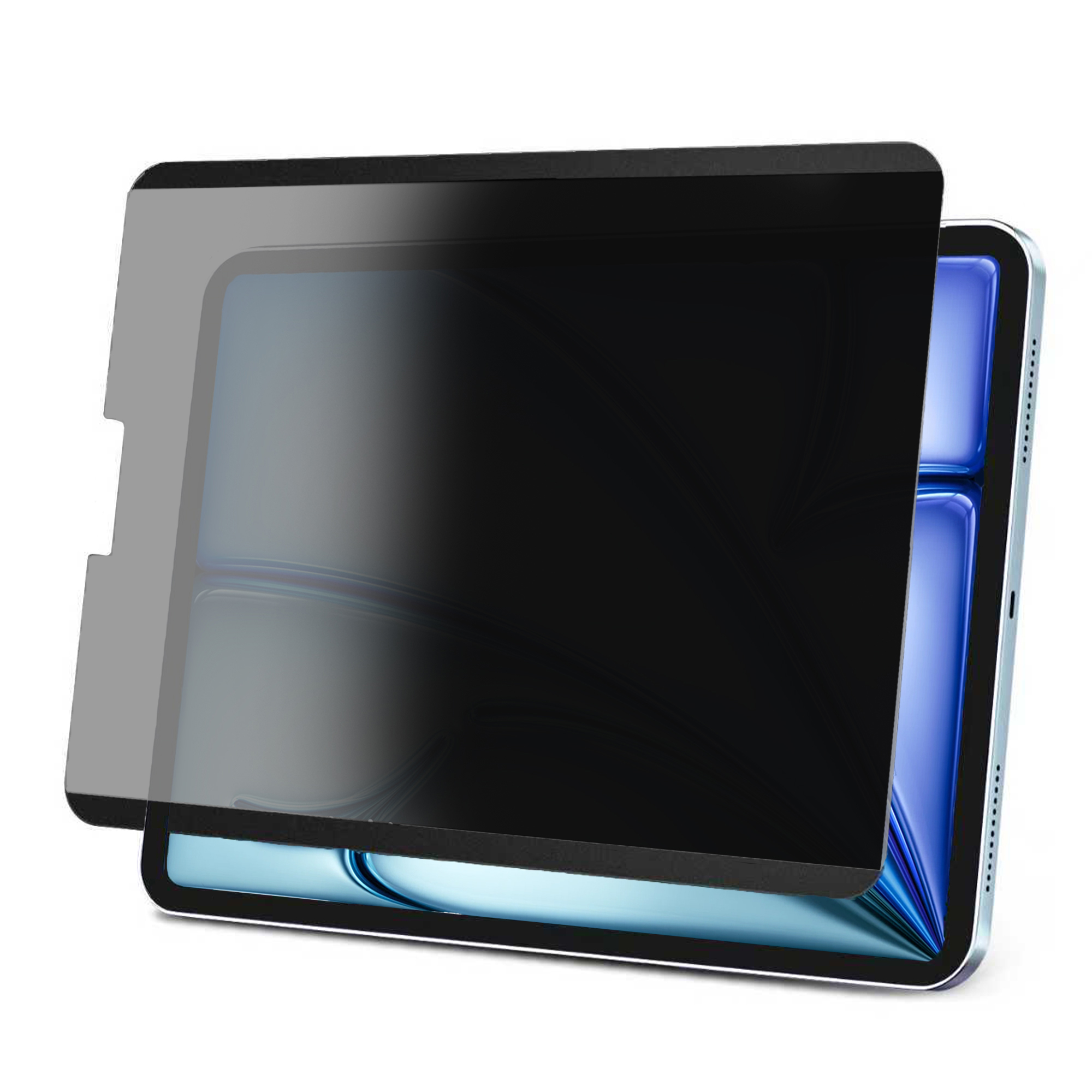 Tablet con protezione schermo. La protezione copre parzialmente lo schermo del tablet. Sfondo bianco.
