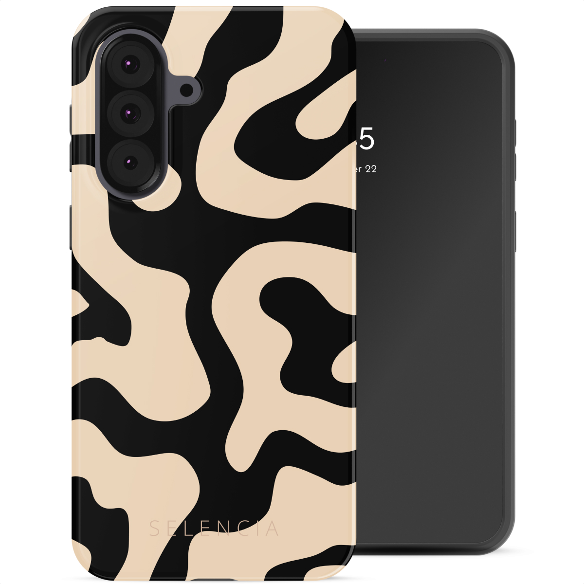 Een smartphone met een zwarte en beige abstract patroon hoesje. Het scherm toont de datum. De hoes heeft SELENCIA tekst.