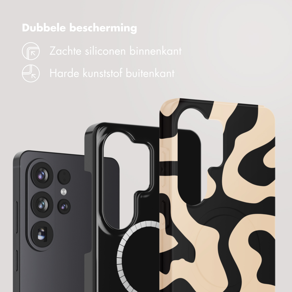 Trois étuis de téléphone : un téléphone noir, un étui noir avec un anneau blanc et un étui avec des motifs noirs et beiges.