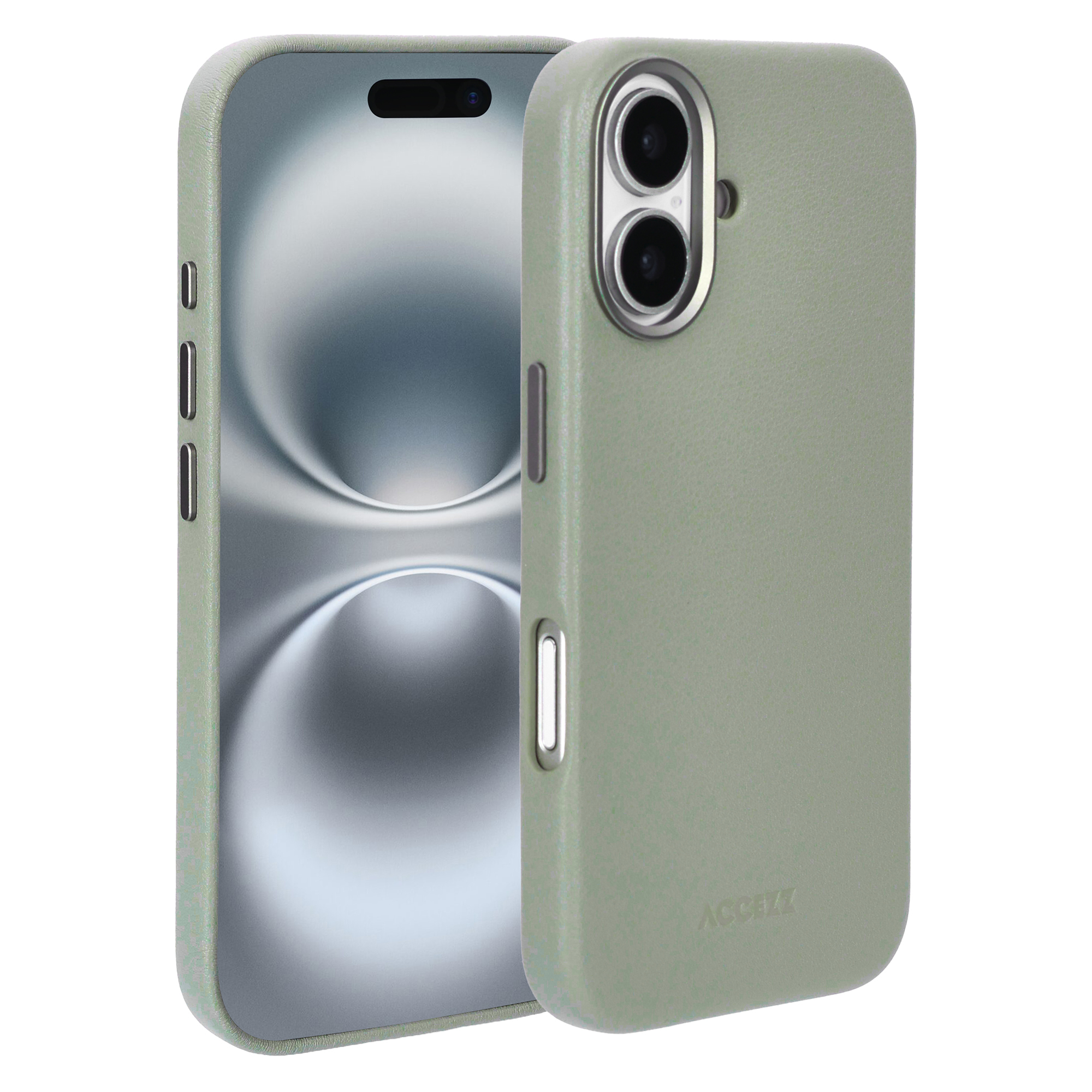 Une coque de téléphone verte avec un téléphone à l'intérieur. La coque a deux lentilles et des boutons.