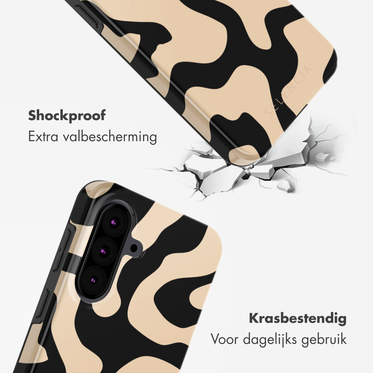 Twee telefoonhoesjes met beige en zwarte patronen. Een hoesje breekt een oppervlak. Tekst zegt 'Schokbestendig' en 'Krasbestendig'.