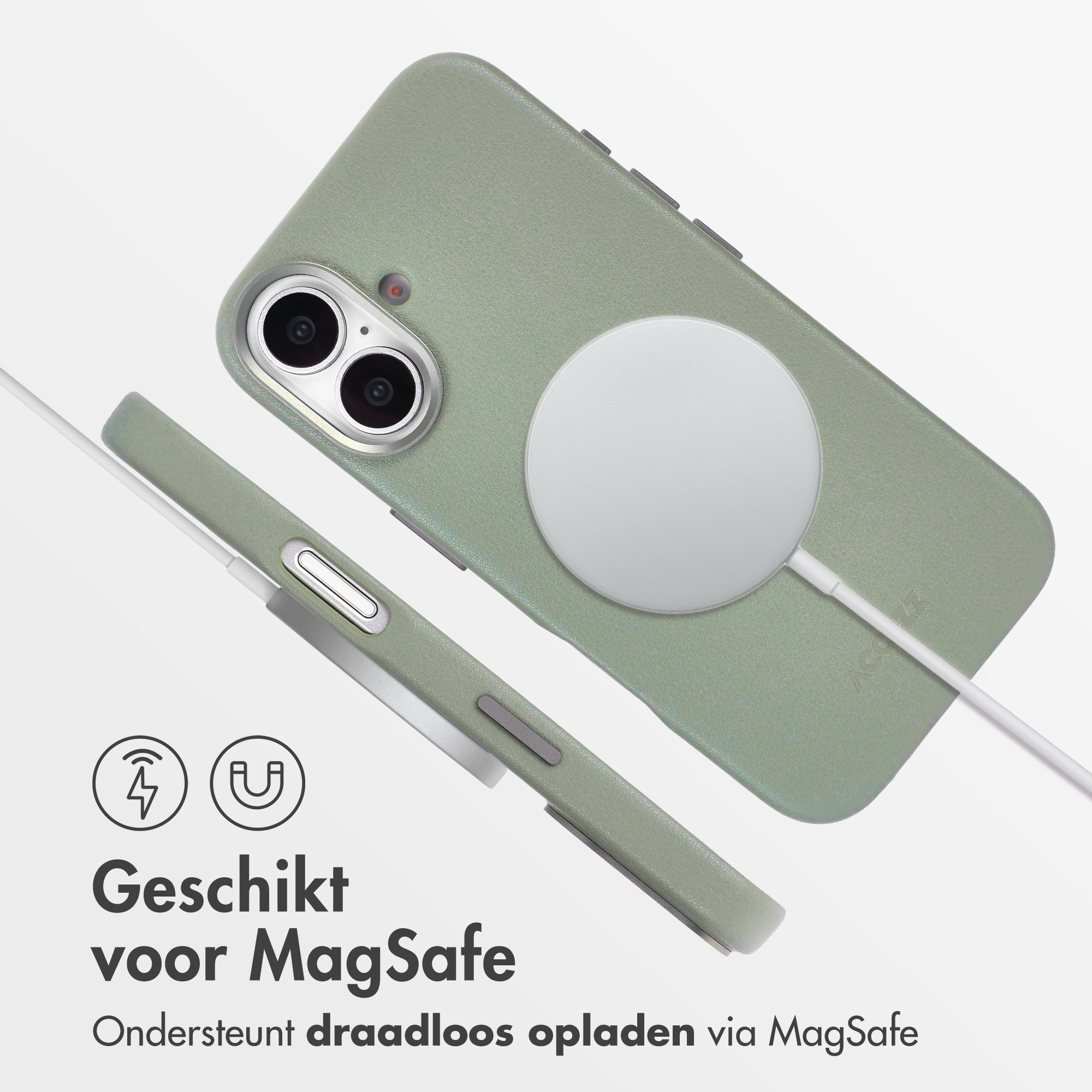 Coque de téléphone verte avec chargeur MagSafe. Texte : 'Compatible MagSafe. Prend en charge la charge sans fil via MagSafe.'
