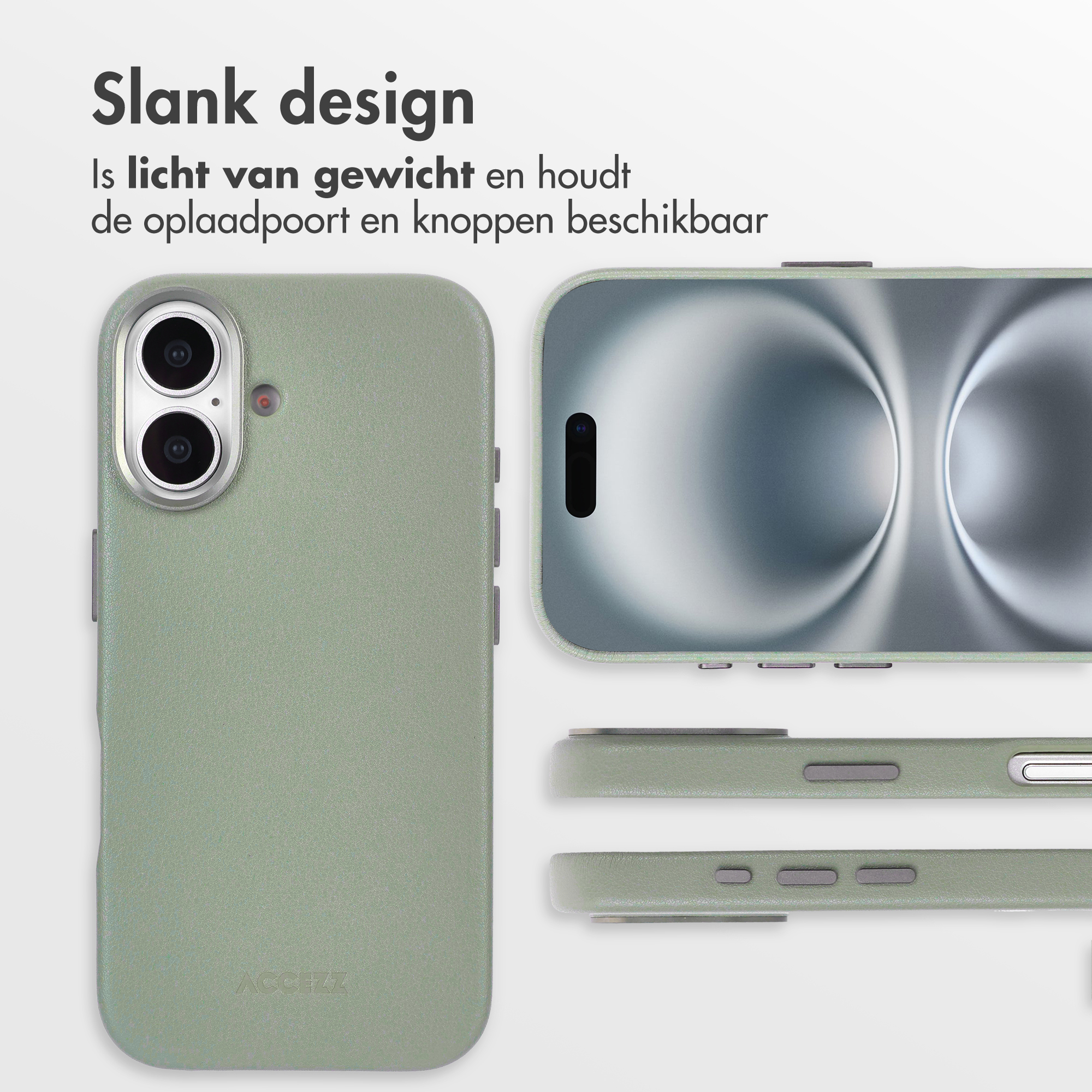 Coque de téléphone verte avec maquettes de téléphone. Comprend caméra, boutons et port de charge. Texte : 'Slank design'.