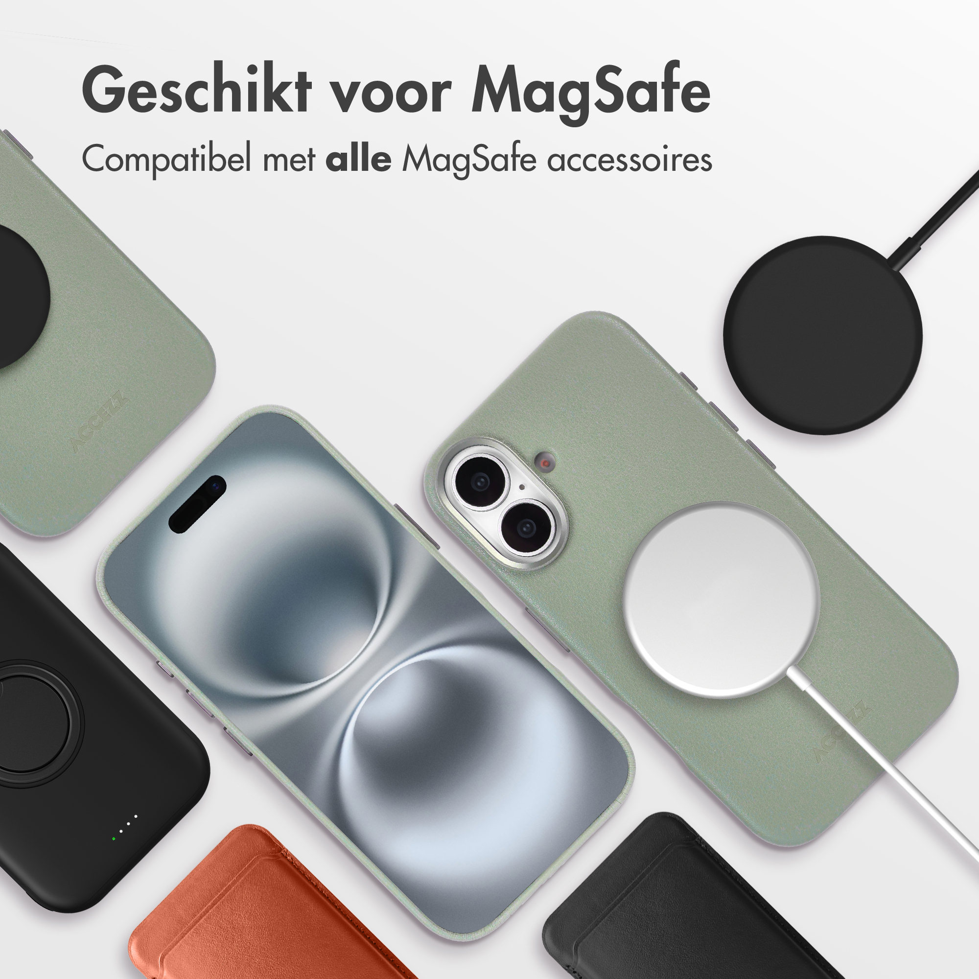 L'image montre des téléphones, des étuis et des chargeurs. Le texte dit 'Adapté pour MagSafe'.