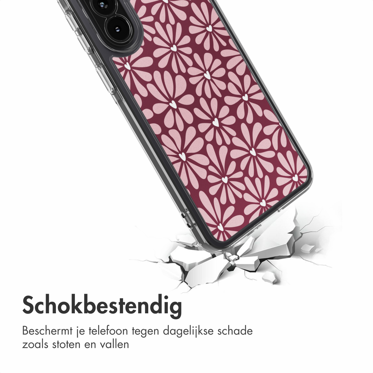 Custodia per telefono con motivo floreale rosa, che rompe una superficie. Custodia trasparente con lenti della fotocamera visibili. Testo olandese: Antishock.