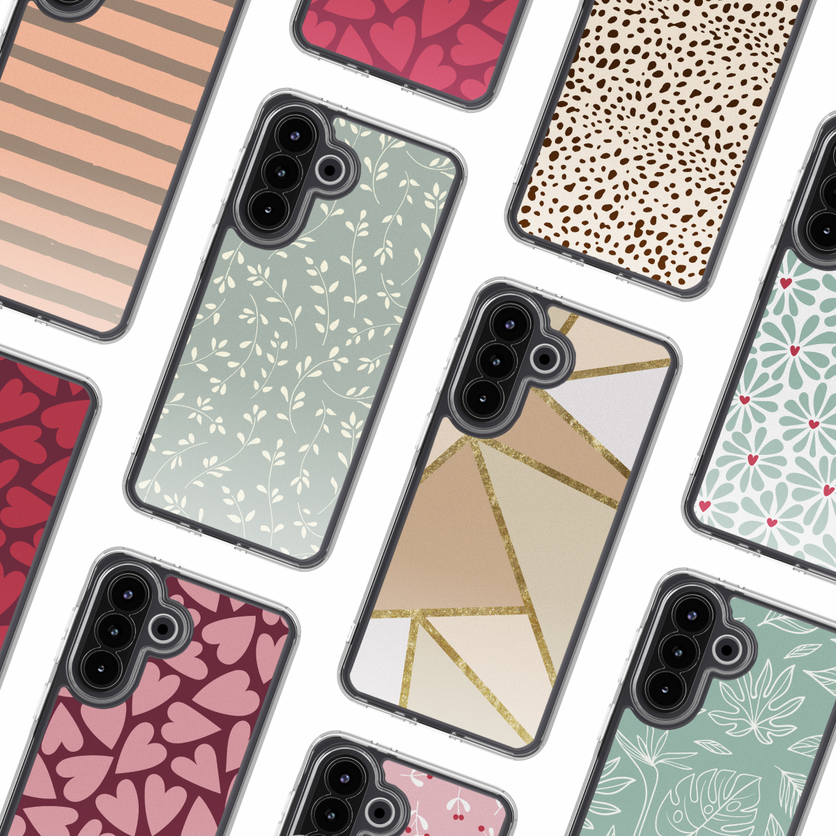 Collezione di custodie per telefoni. Vari disegni: floreale, cuore, geometrico e animalier. Custodie trasparenti con più fotocamere.