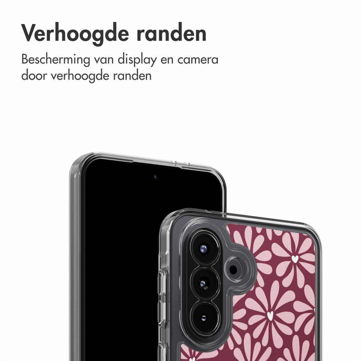 Due smartphone, uno nero, l'altro con custodia floreale. Testo: 'Bordi rialzati', 'Protezione del display e della fotocamera con bordi rialzati'.