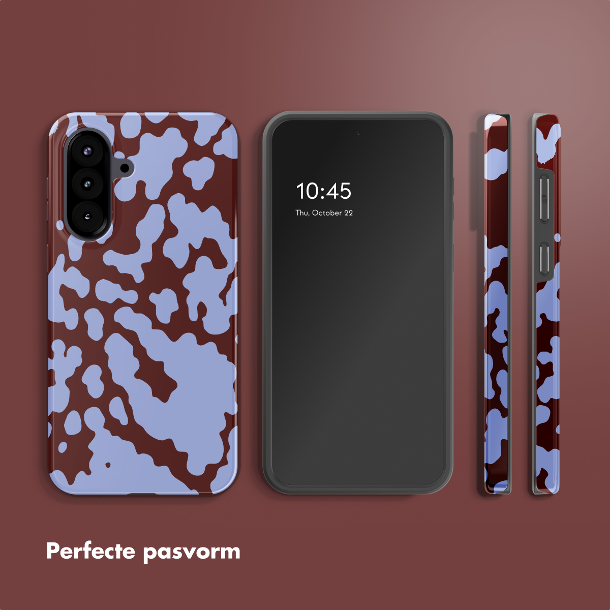 Telefoon, hoesje en zijaanzichten. Hoesje heeft bruin en blauw patroon. Telefoon geeft tijd weer. Achtergrond is effen bruin.
