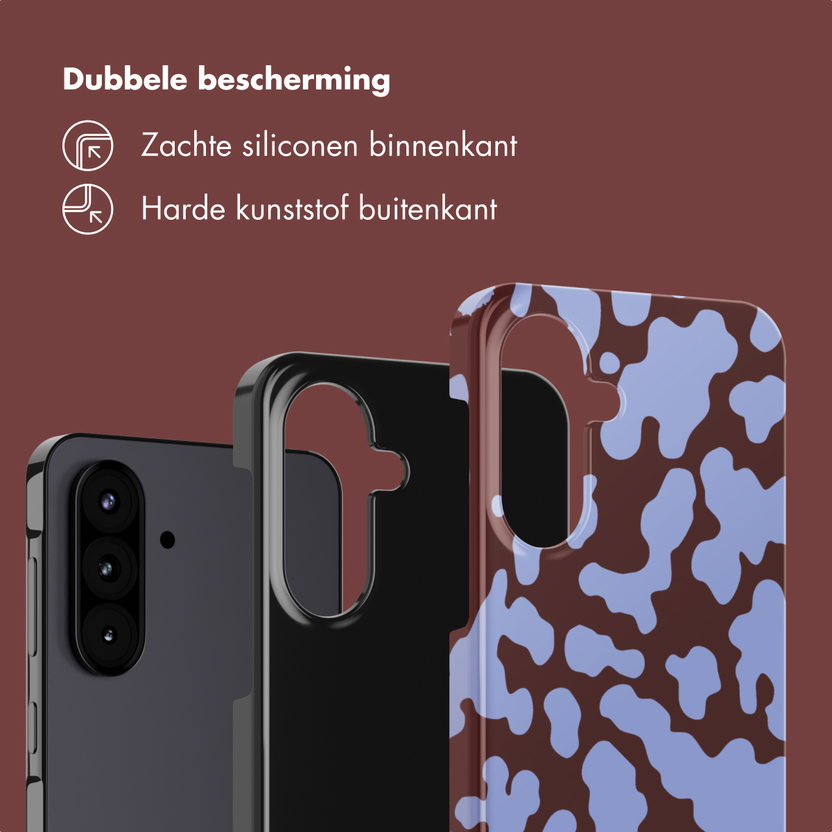 Telefoonhoesjes in zwart en bruin met blauwe vlekken. Tekst zegt 'Dubbele bescherming'. Eén hoesje zit op een telefoon.