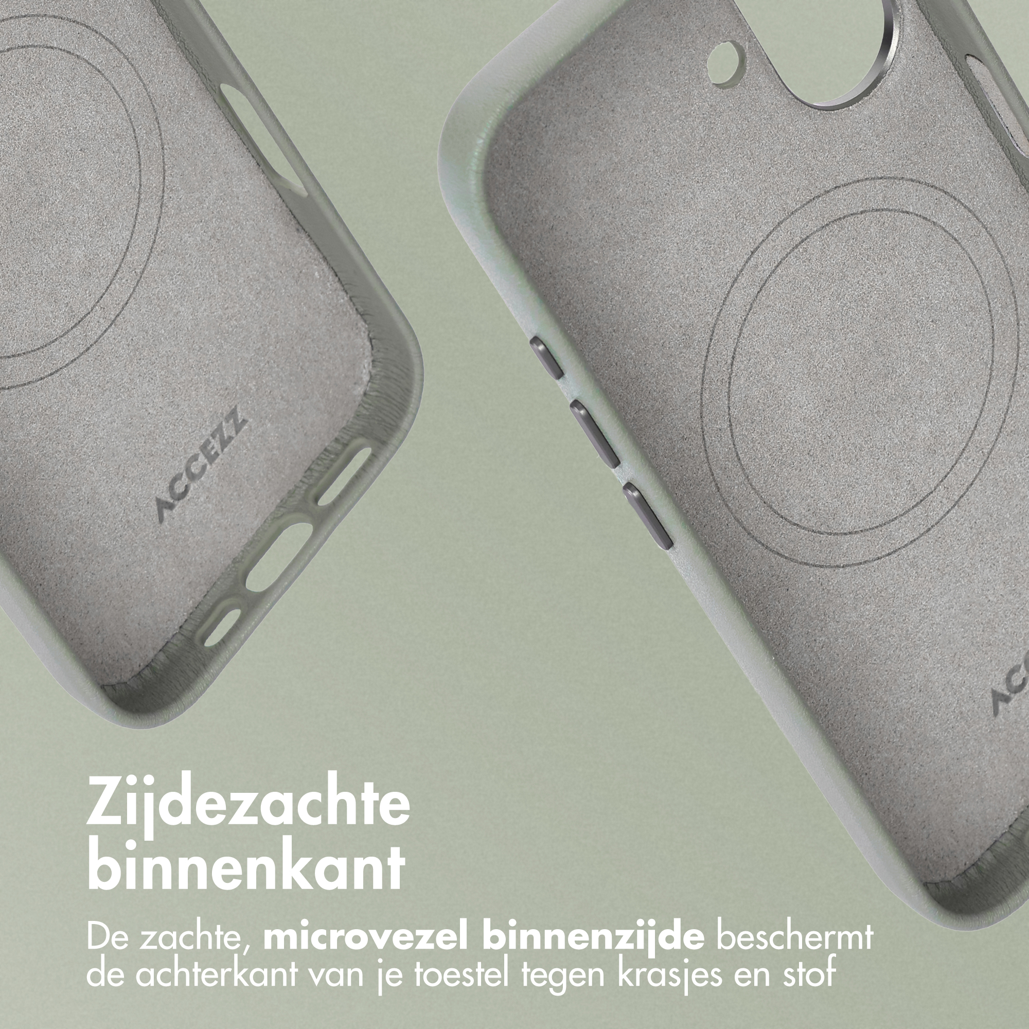 Deux coques de téléphone grises, une en biais, montrant l'intérieur doux. Le fond est vert clair.